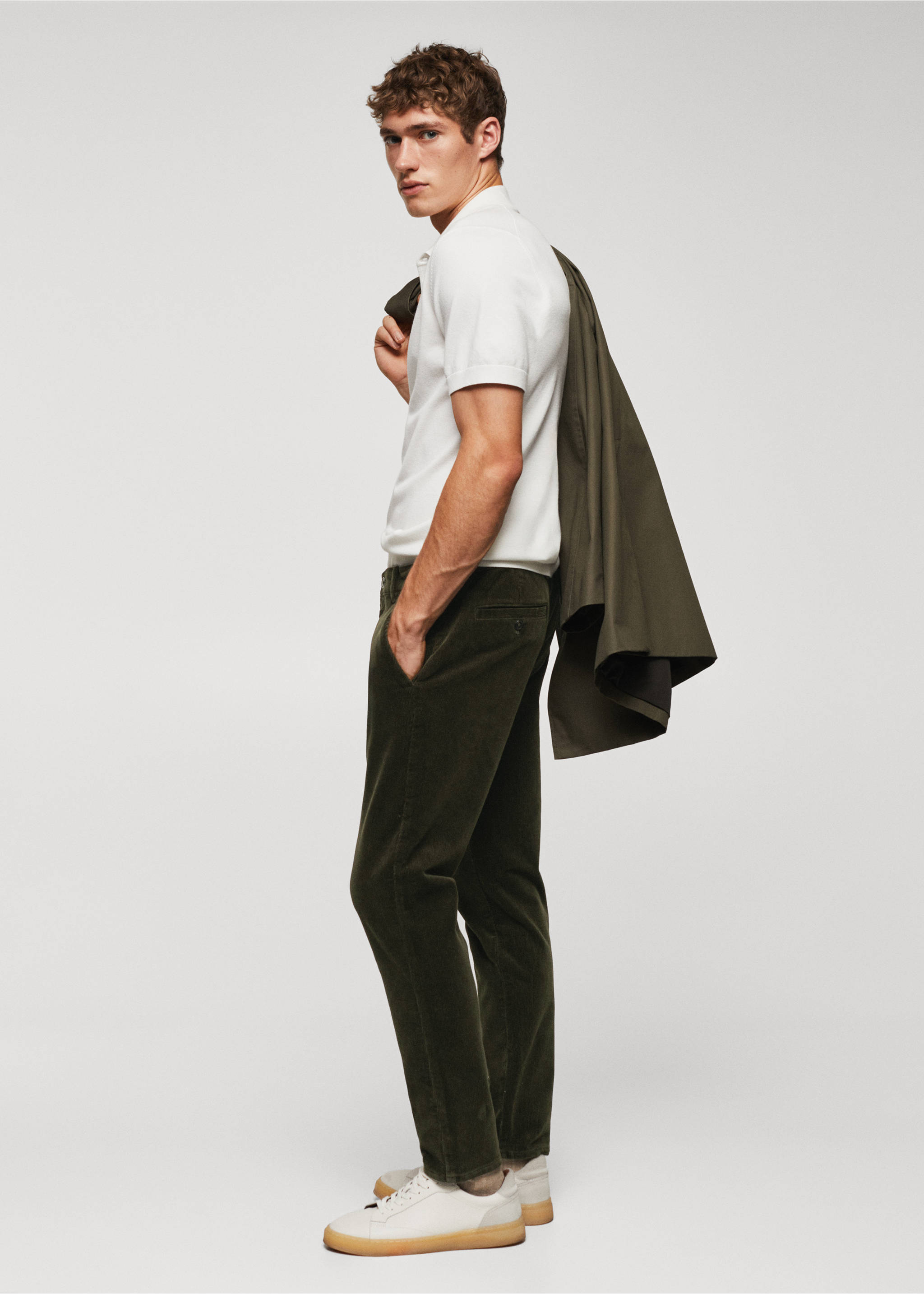 Corduroy slim-fit cropped trousers - Details of the article 2, Khaki. Ref: 57036712-00.
