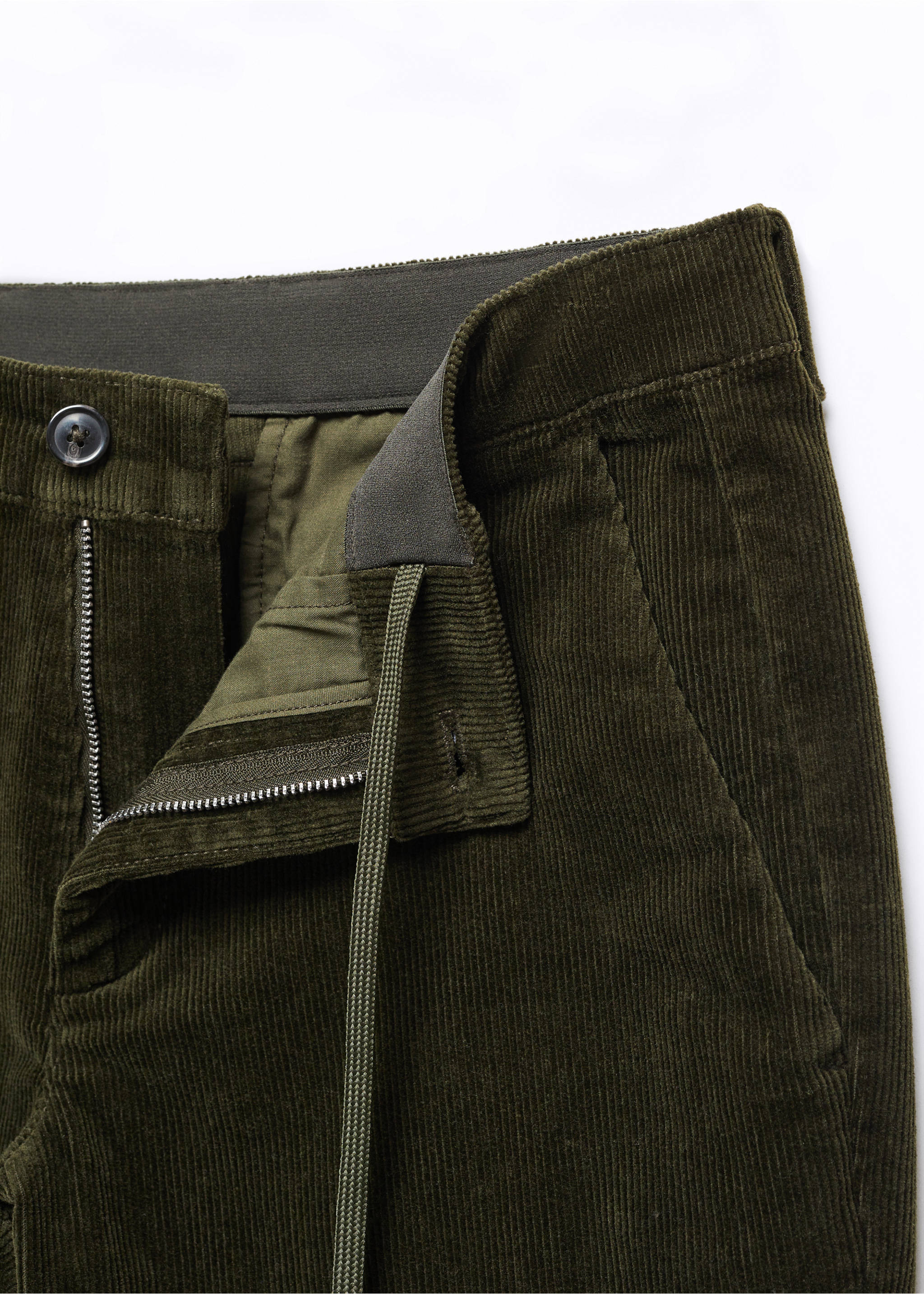 Corduroy slim-fit cropped trousers - Details of the article 8, Khaki. Ref: 57036712-00.