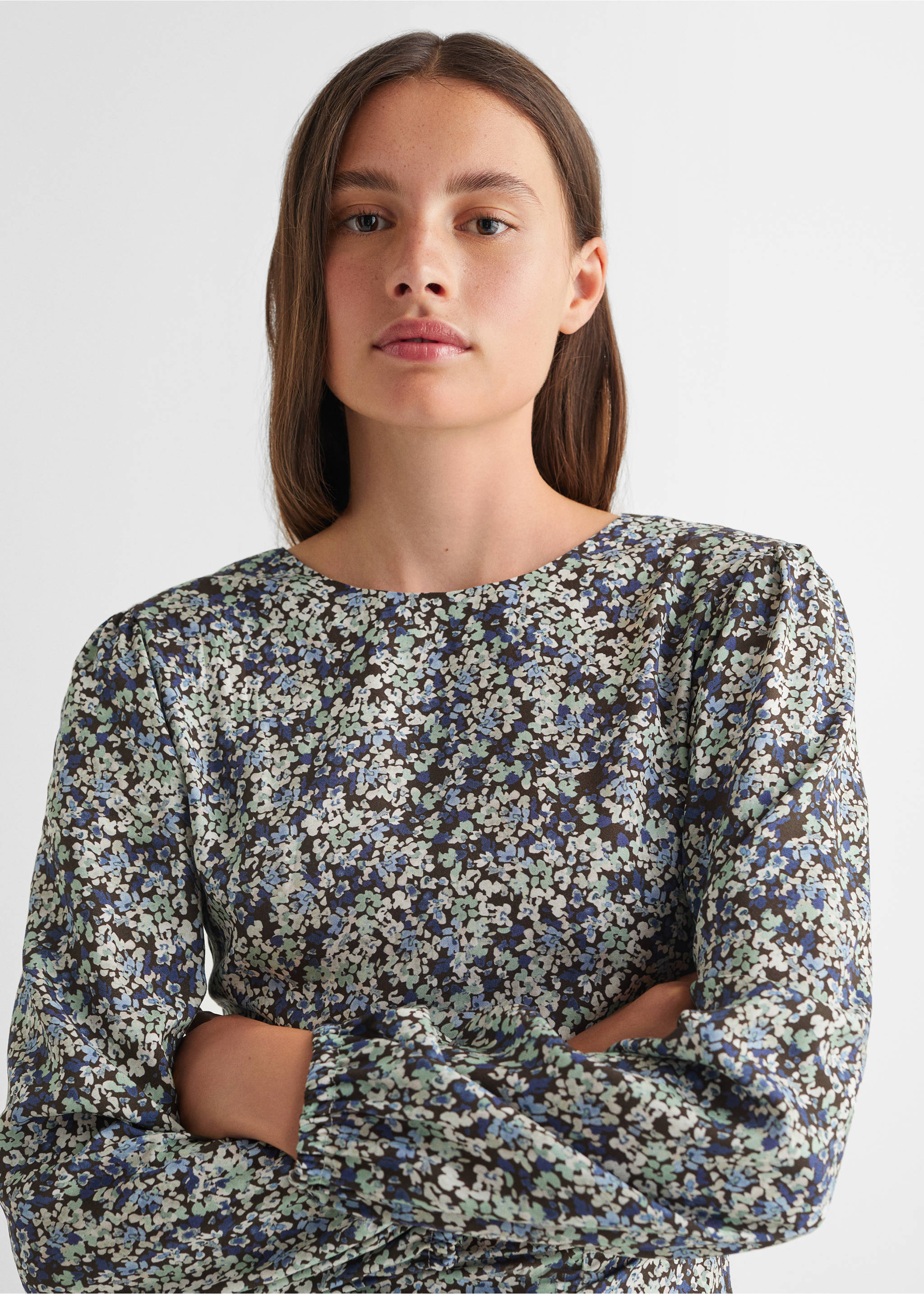 Ruffled printed dress - Details of the article 1, Blue. Ref: 57037120-00.