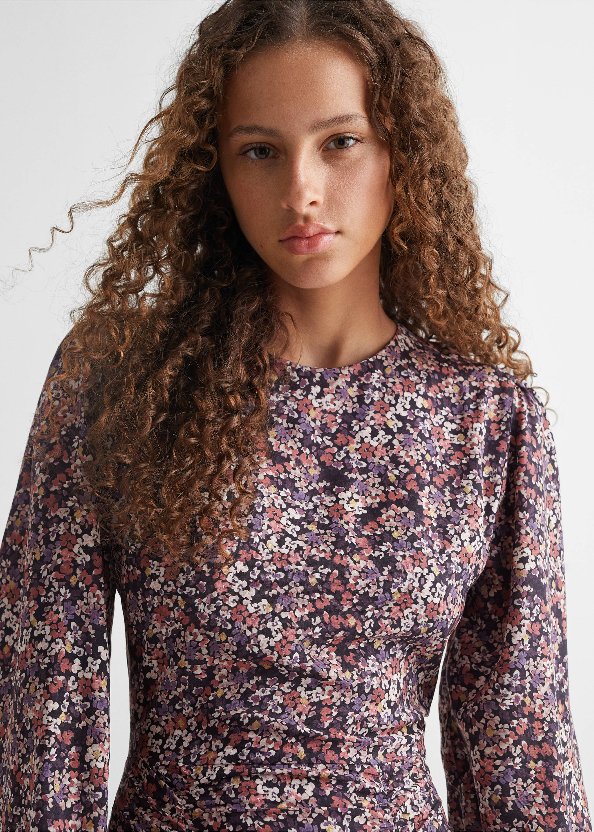 Ruffled printed dress - Details of the article 1, Pink. Ref: 57037120-00.