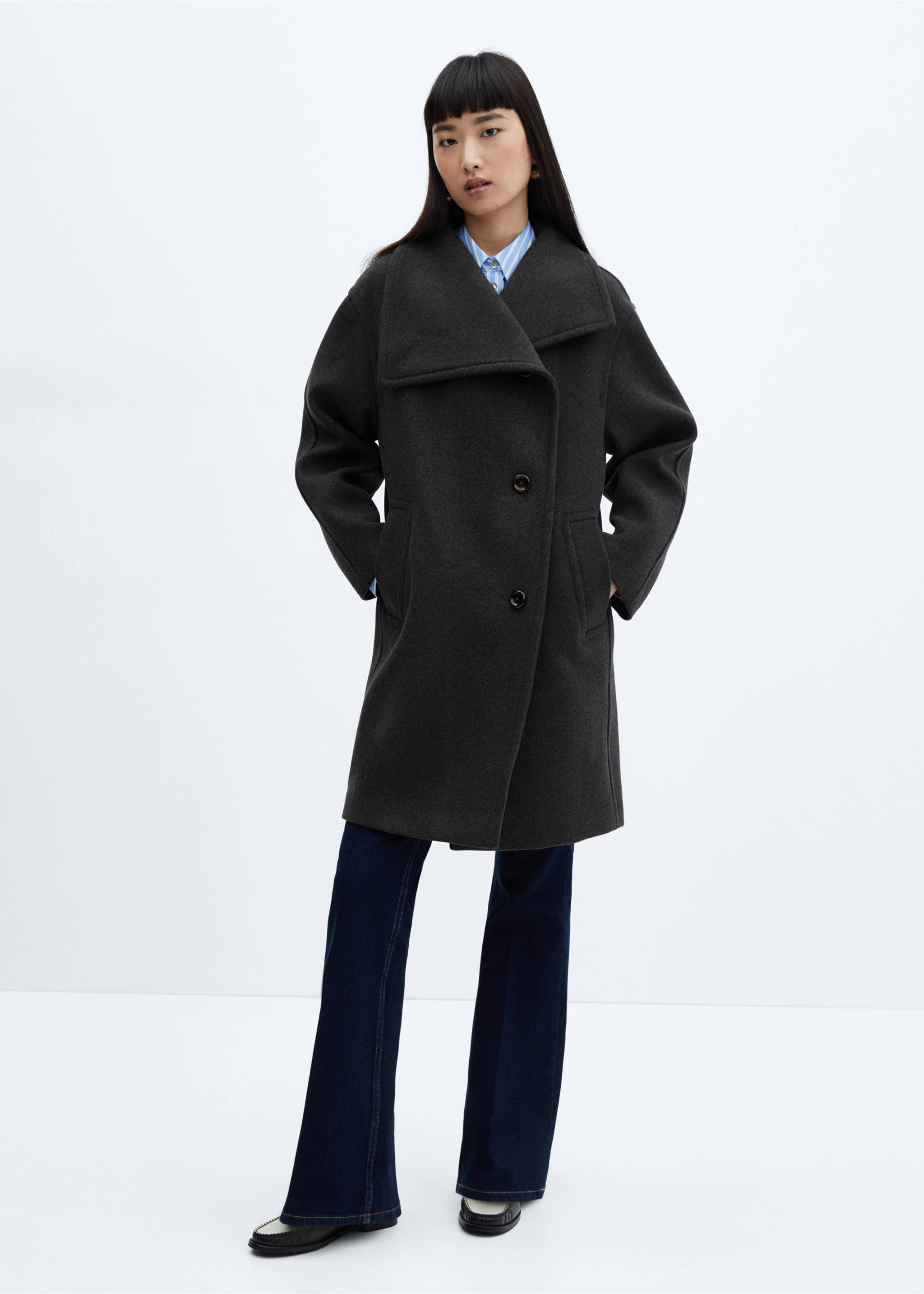 Wide lapel wool-blend coat - General plane, Grey. Ref: 57037734-00.