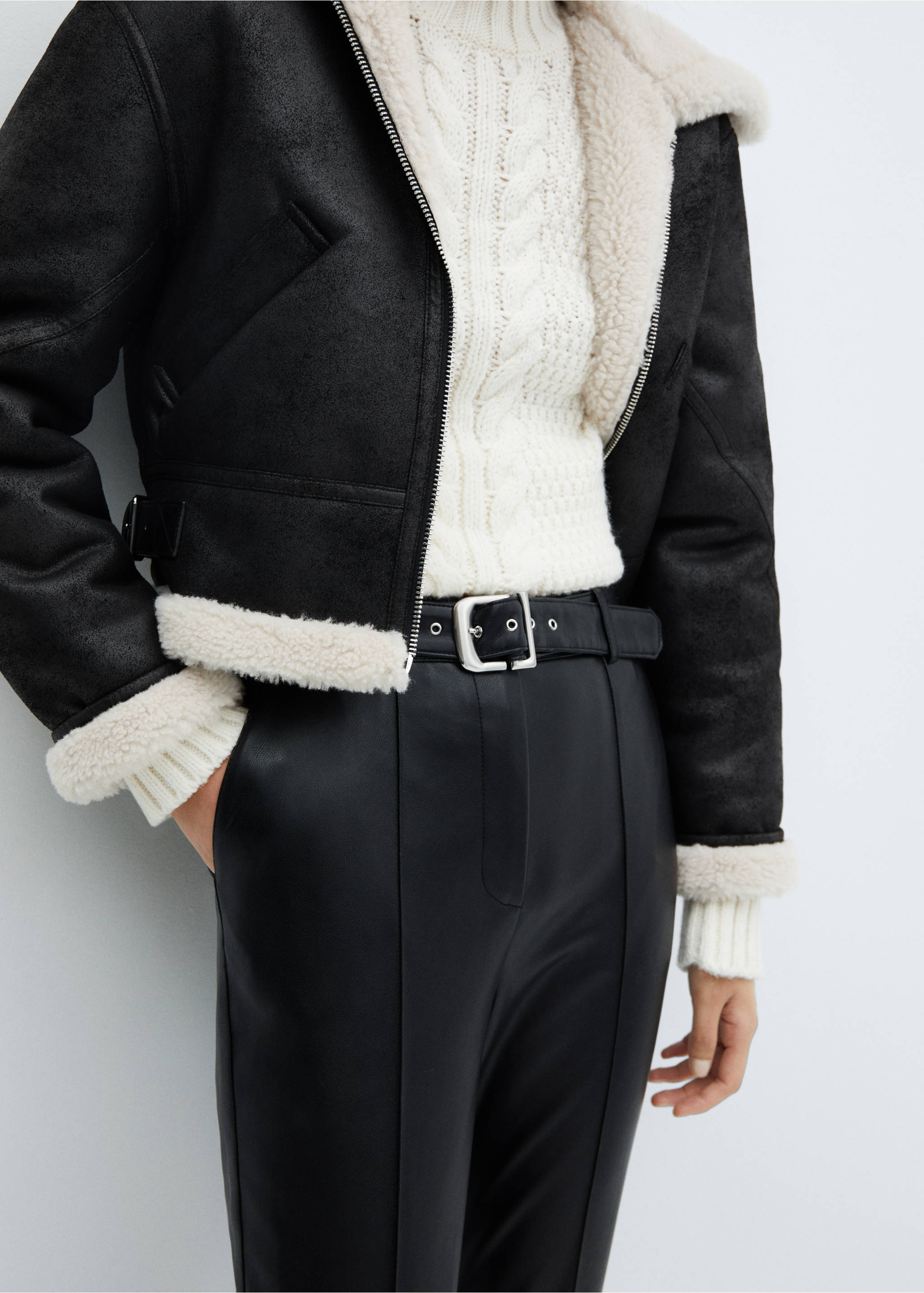 Faux-leather trousers with belt - Details of the article 3, Black. Ref: 57037753-00.