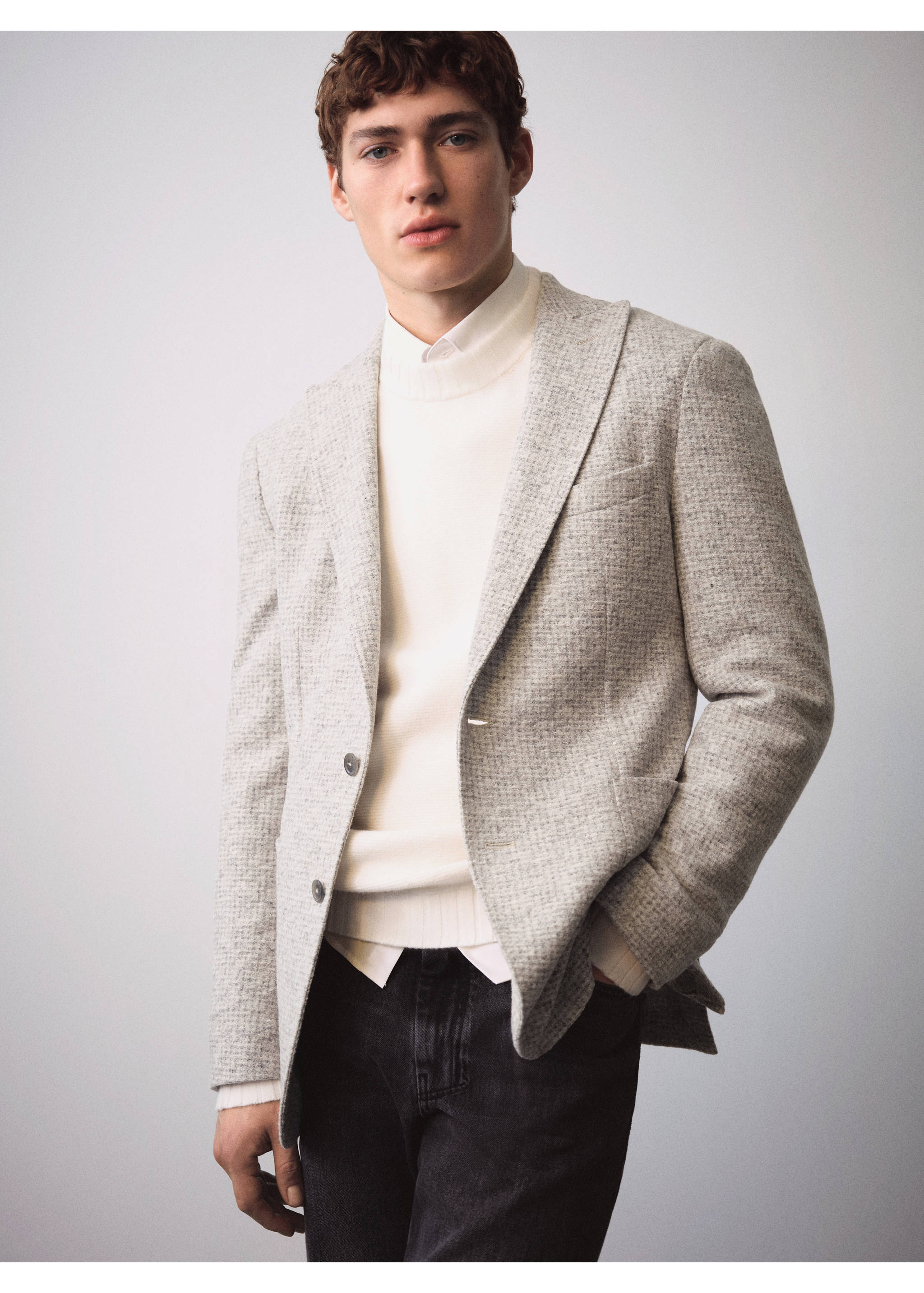 Virgin wool jacket in houndstooth wool - Details of the article 6, Beige. Ref: 57038634-00.