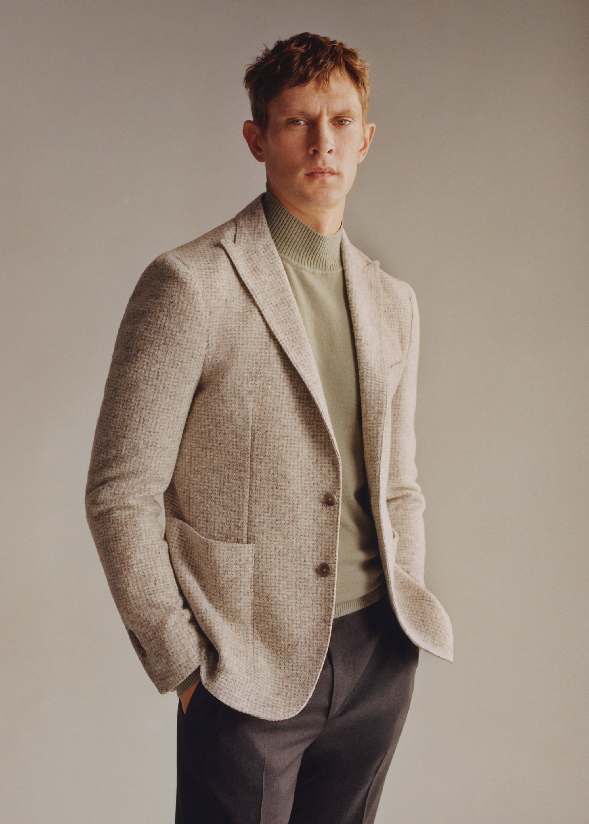 Virgin wool jacket in houndstooth wool - Details of the article 5, Beige. Ref: 57038634-00.