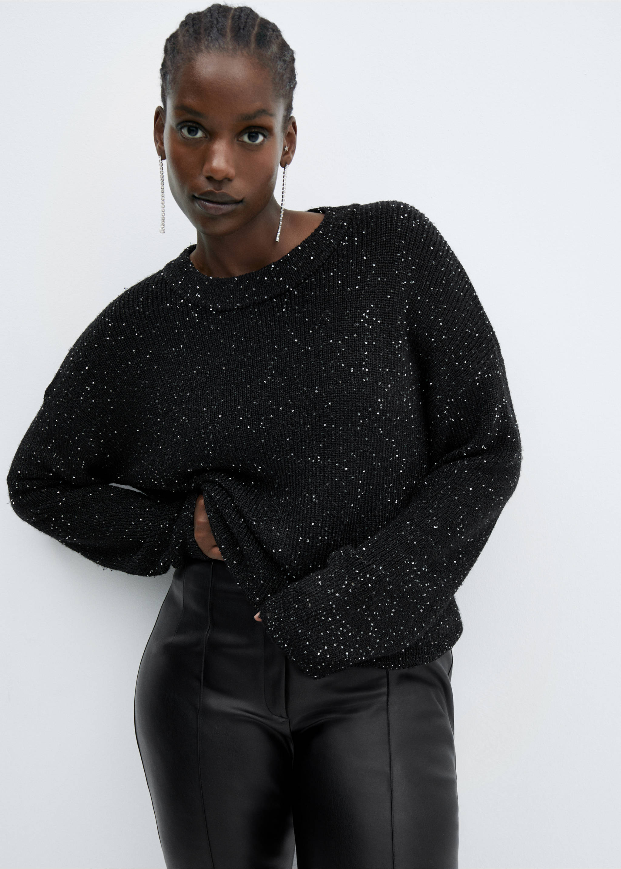 Knit paillette sweater - Details of the article 5, Black. Ref: 57039089-00.