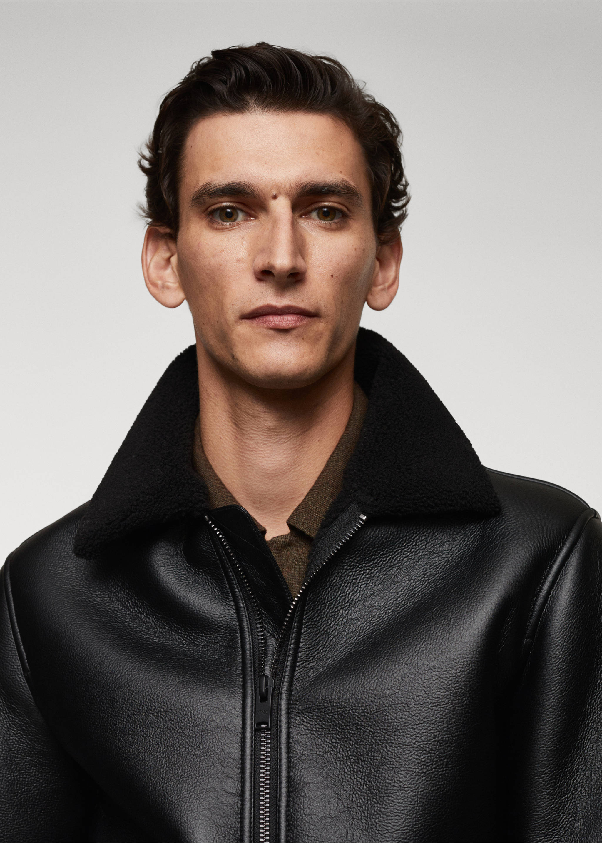 Shearling-lined faux-leather jacket - Details of the article 1, Black. Ref: 57039405-00.