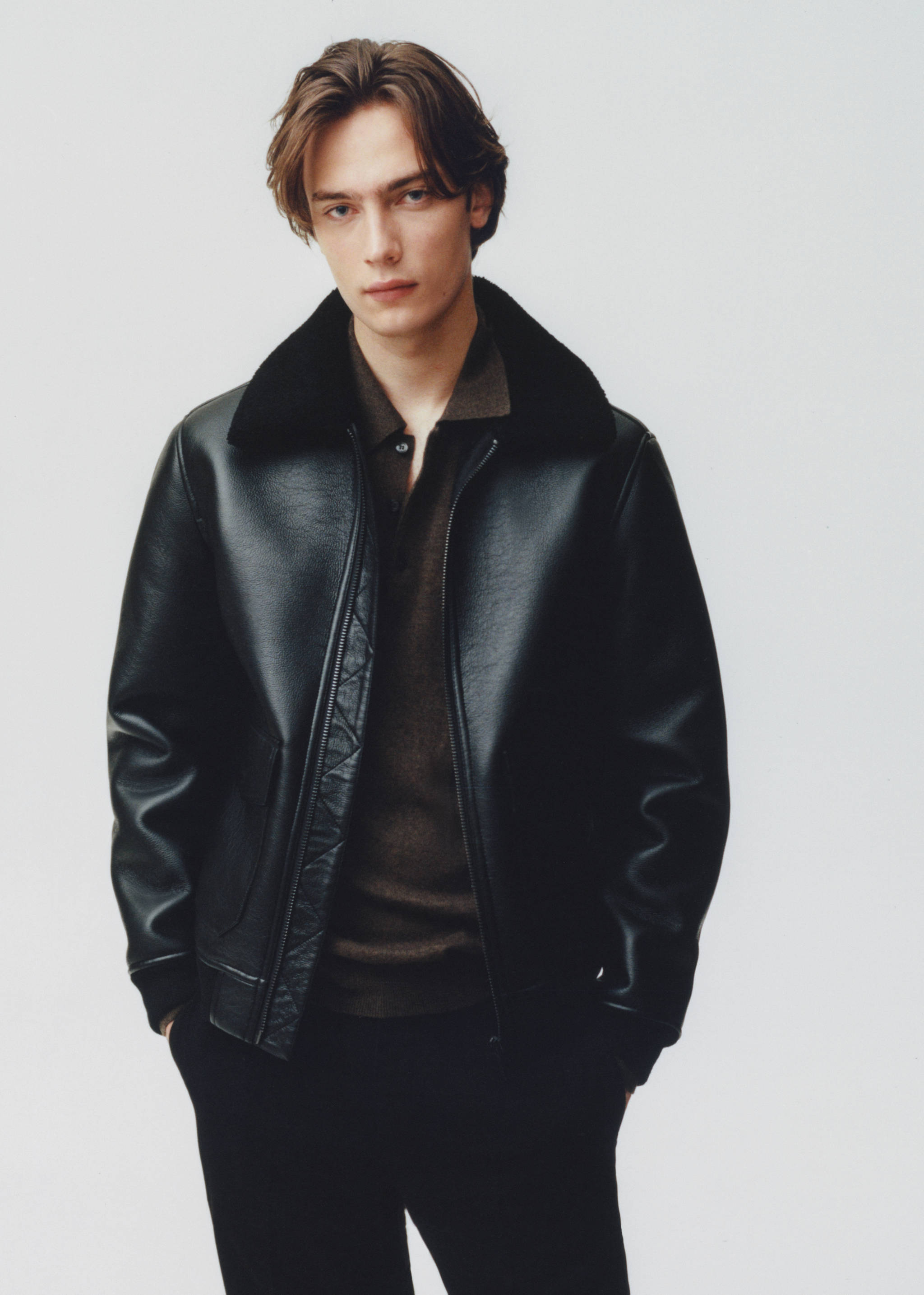 Shearling-lined faux-leather jacket - Details of the article 6, Black. Ref: 57039405-00.