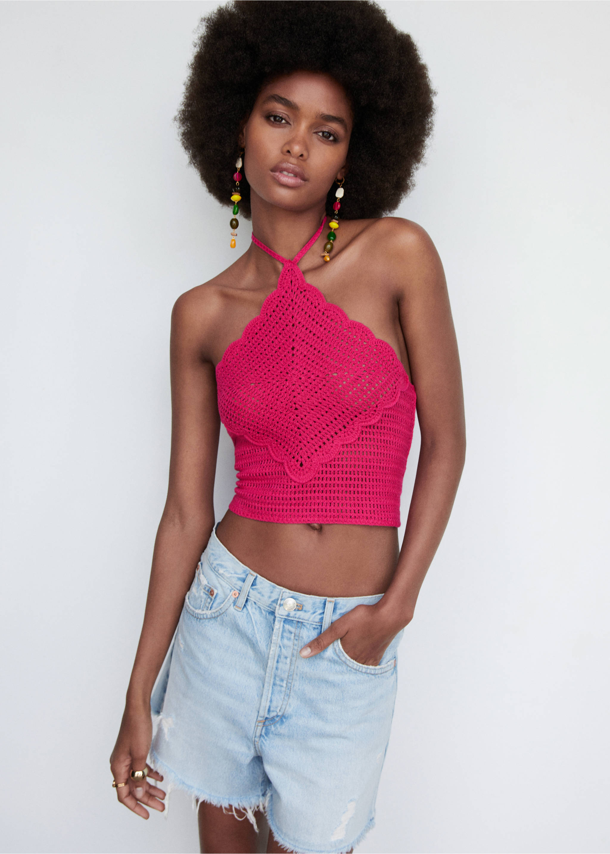 Top cu șnur la guler - Plan mediu, Fucsia. Ref: 57040326-00.
