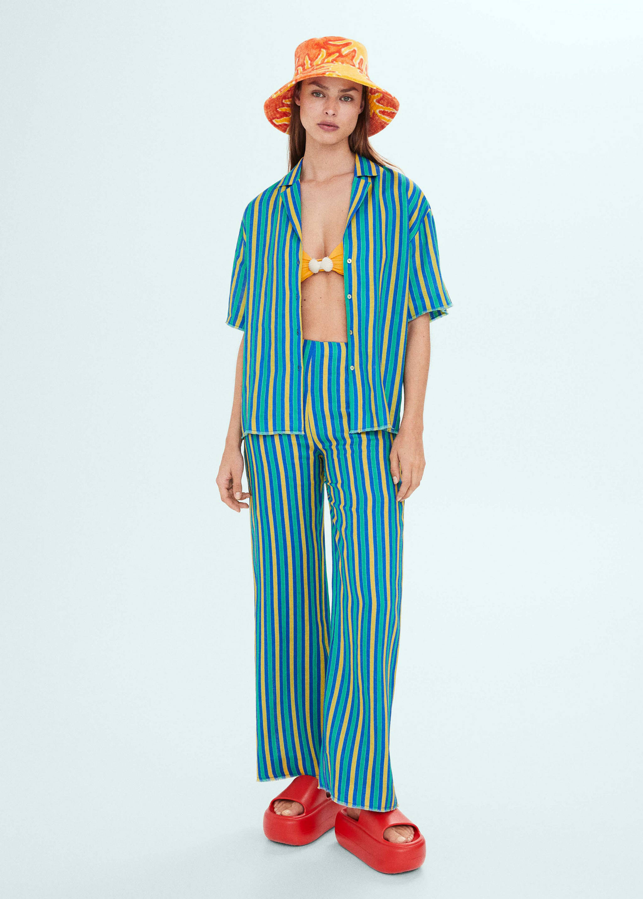 Multi-coloured striped linen trousers - General plane