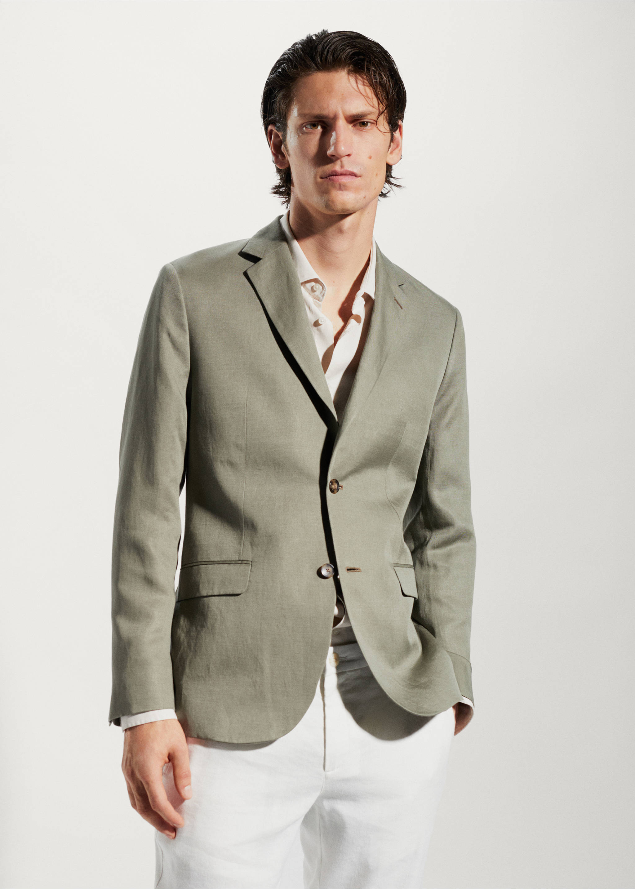 Slim fit linen suit blazer - Medium plane, Khaki. Ref: 57040547-00.