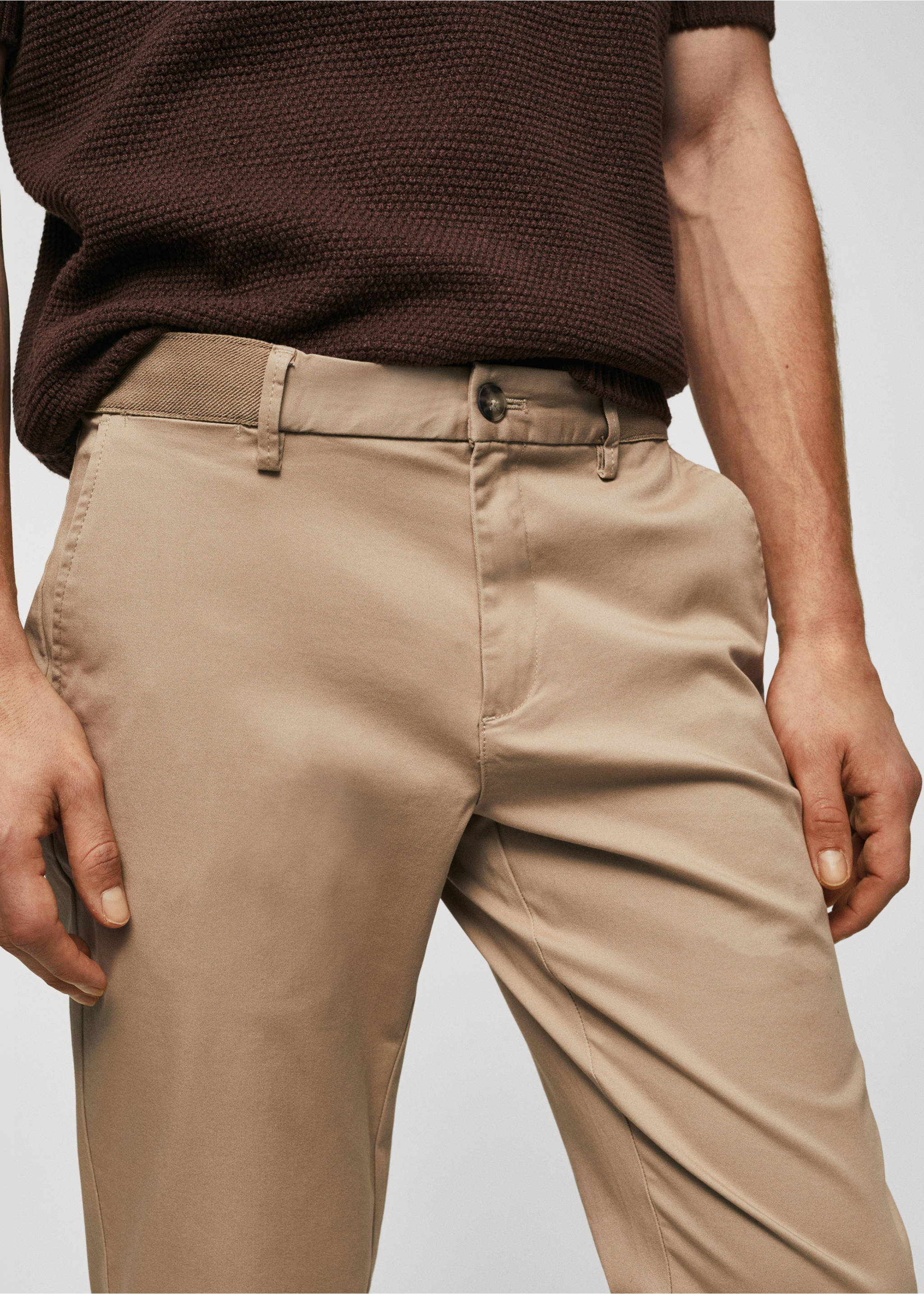 Cotton tapered crop trousers - Details of the article 1, Beige. Ref: 57040567-00.