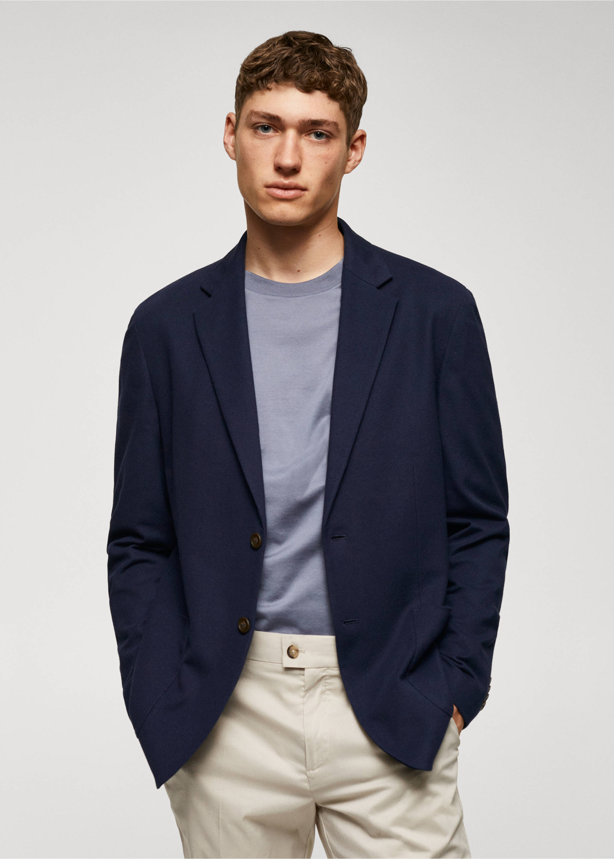 Strukturierter Slim Fit-Baumwollblazer - Mittlere Ansicht, Marineblau. Ref: 57040670-00.