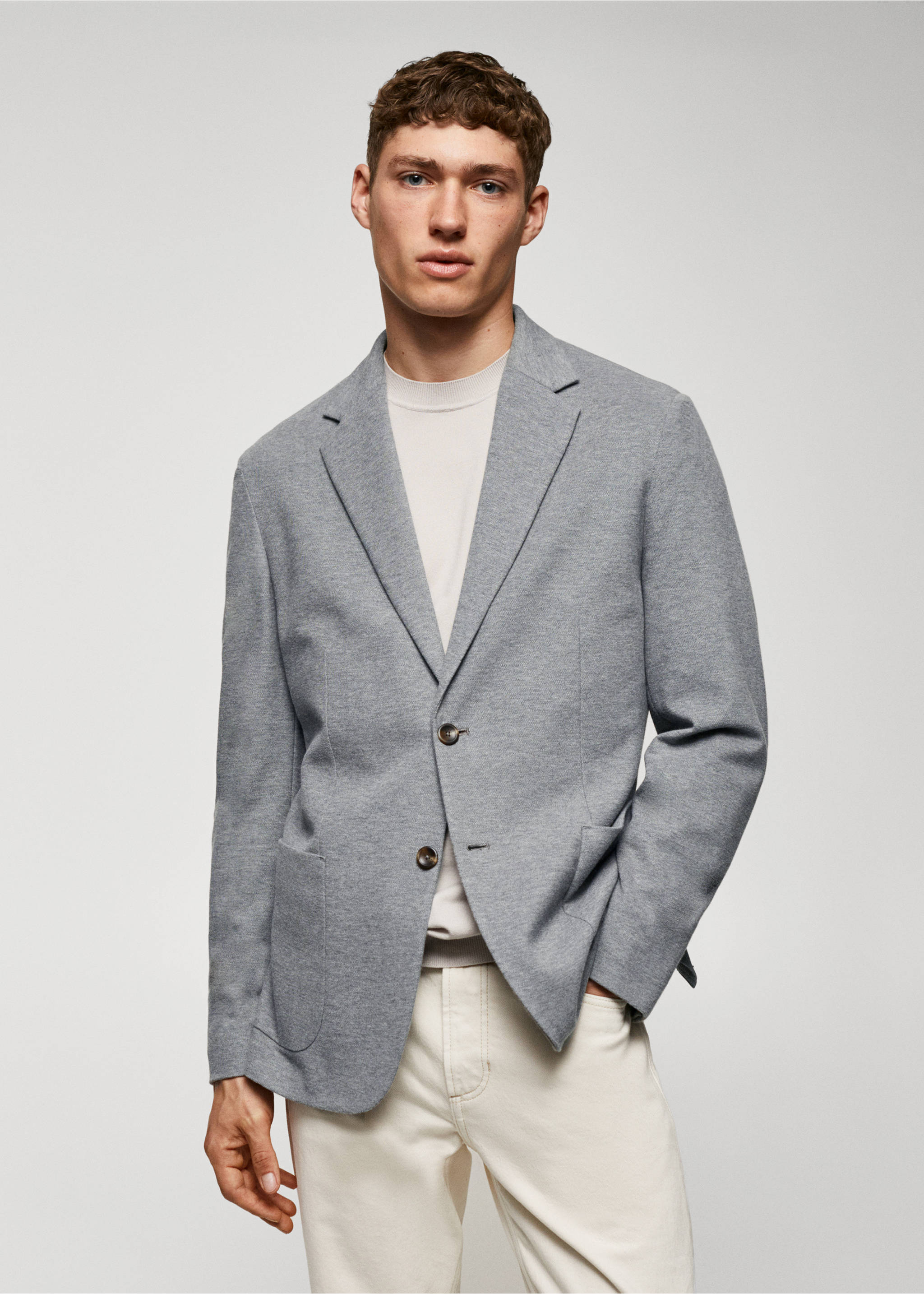 Structured slim fit cotton blazer - Medium plane, Grey. Ref: 57040670-00.