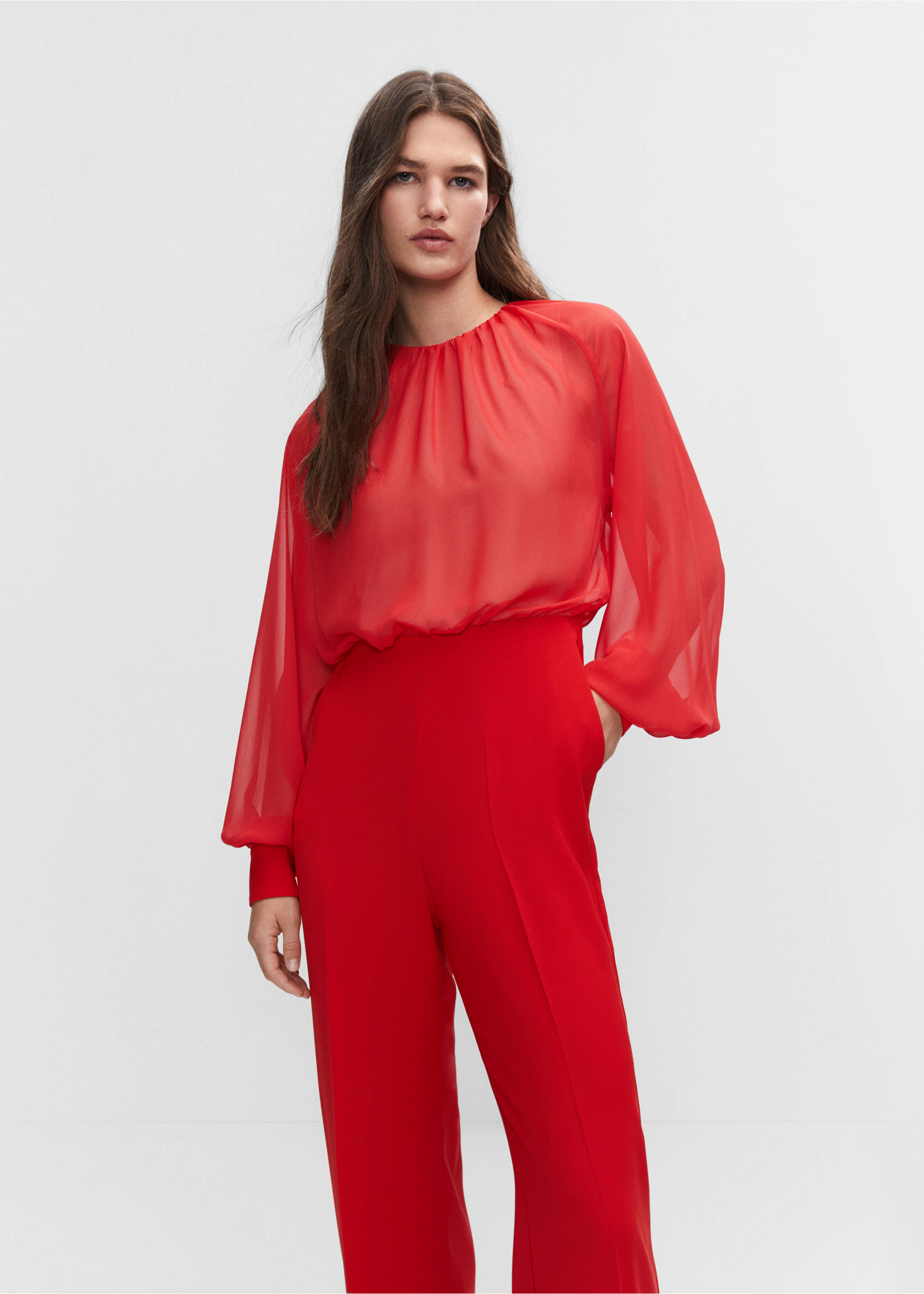Semi-transparent chiffon jumpsuit - Medium plane, Coral Red. Ref: 57040811-00.