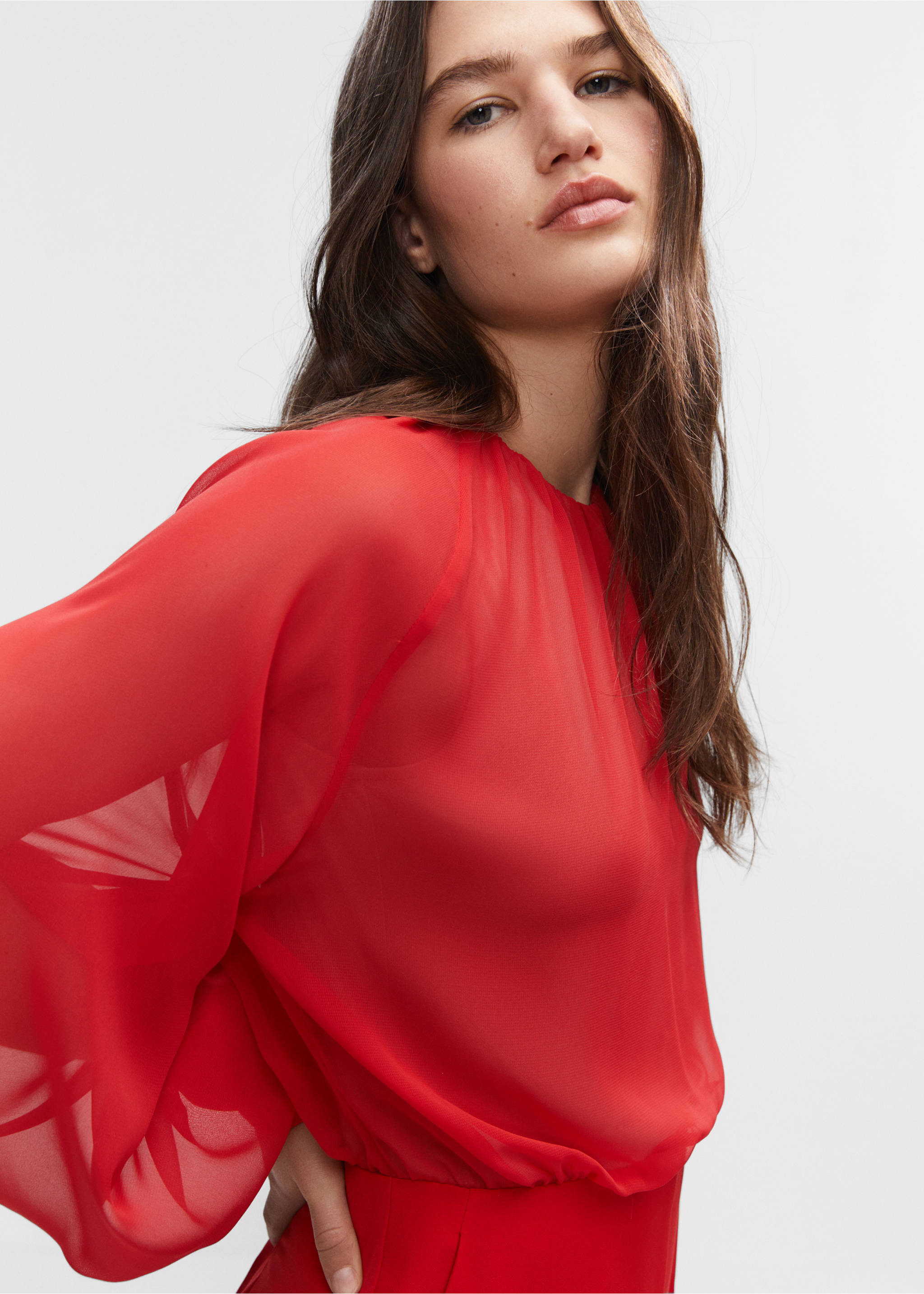 Semi-transparent chiffon jumpsuit - Details of the article 1, Coral Red. Ref: 57040811-00.