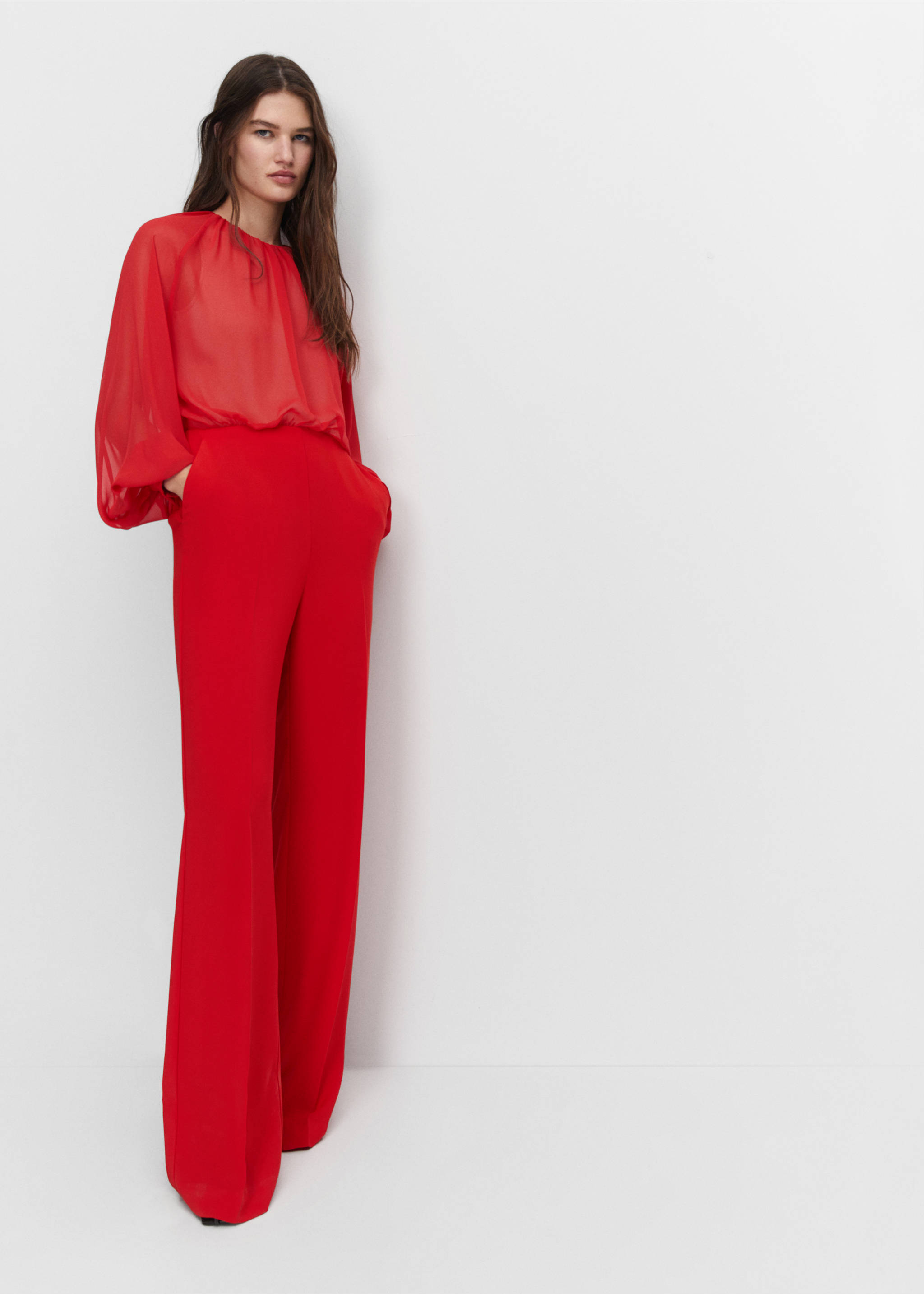 Semi-transparent chiffon jumpsuit - Details of the article 2, Coral Red. Ref: 57040811-00.