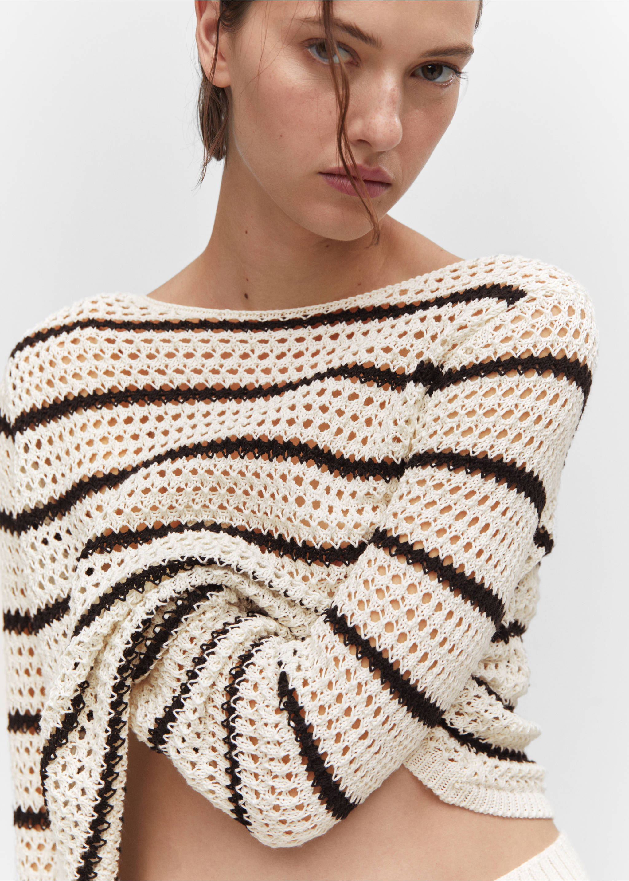Striped openwork knit sweater - Details of the article 1, Ecru. Ref: 57042881-00.