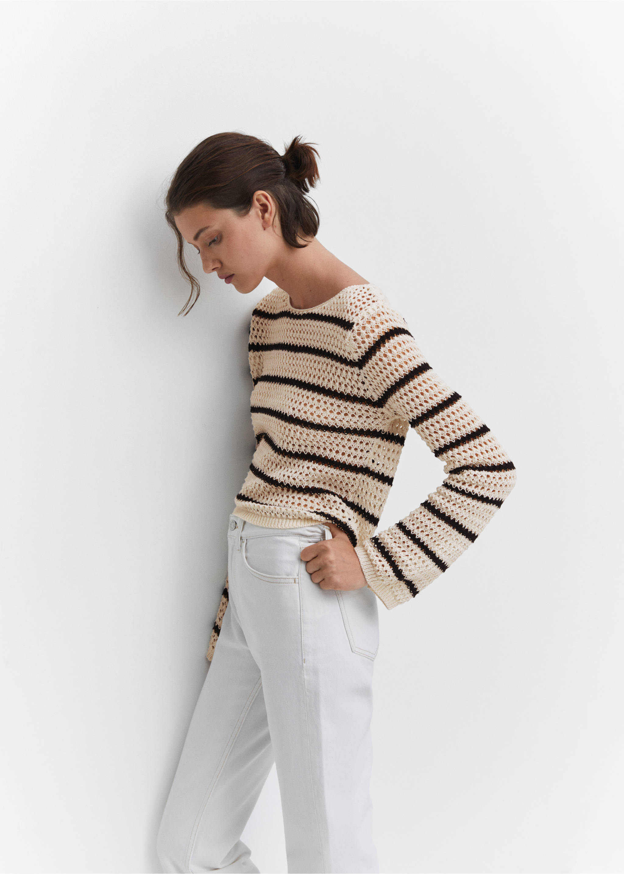 Striped openwork knit sweater - Details of the article 2, Ecru. Ref: 57042881-00.