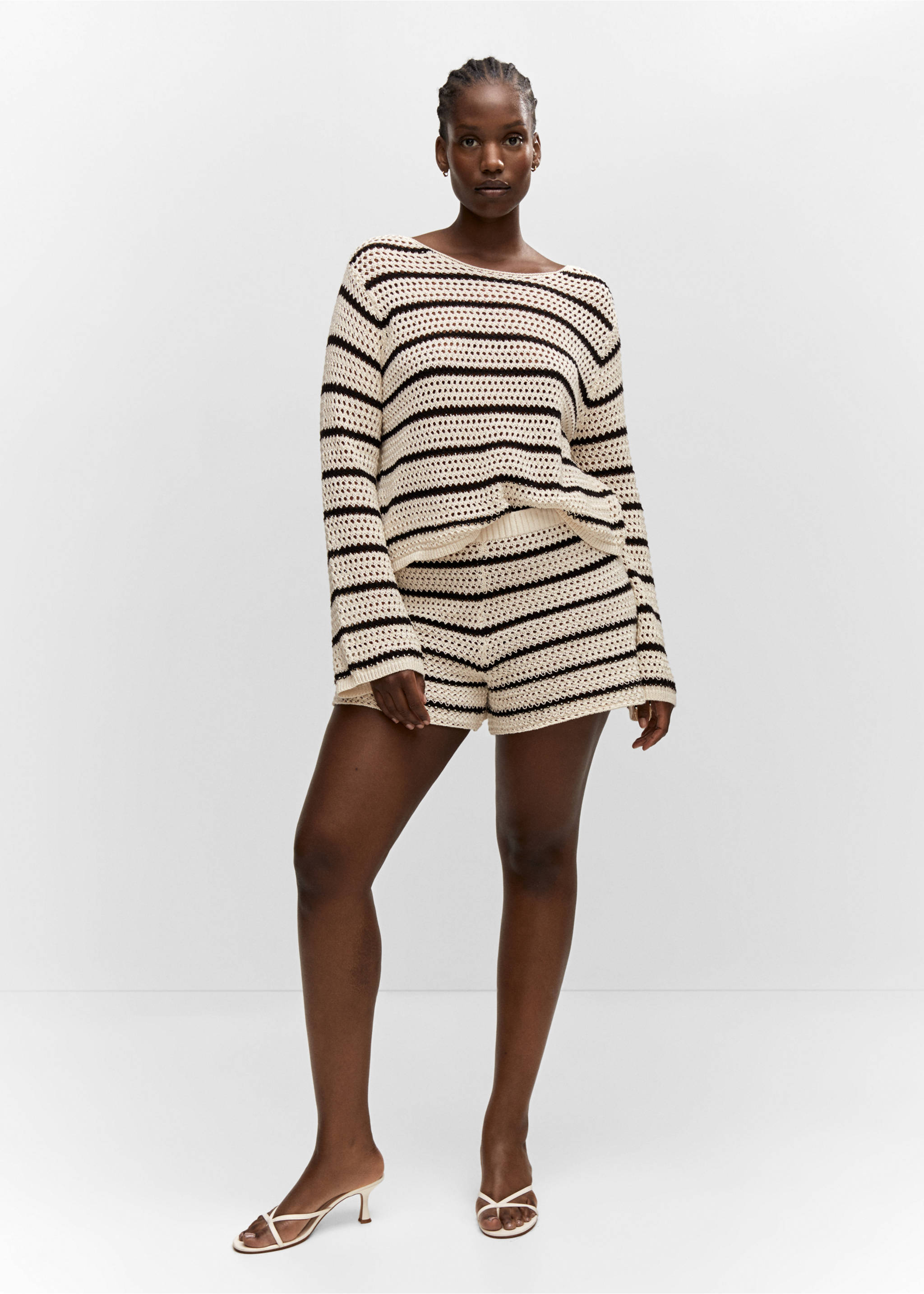 Striped openwork knit sweater - Details of the article 3, Ecru. Ref: 57042881-00.