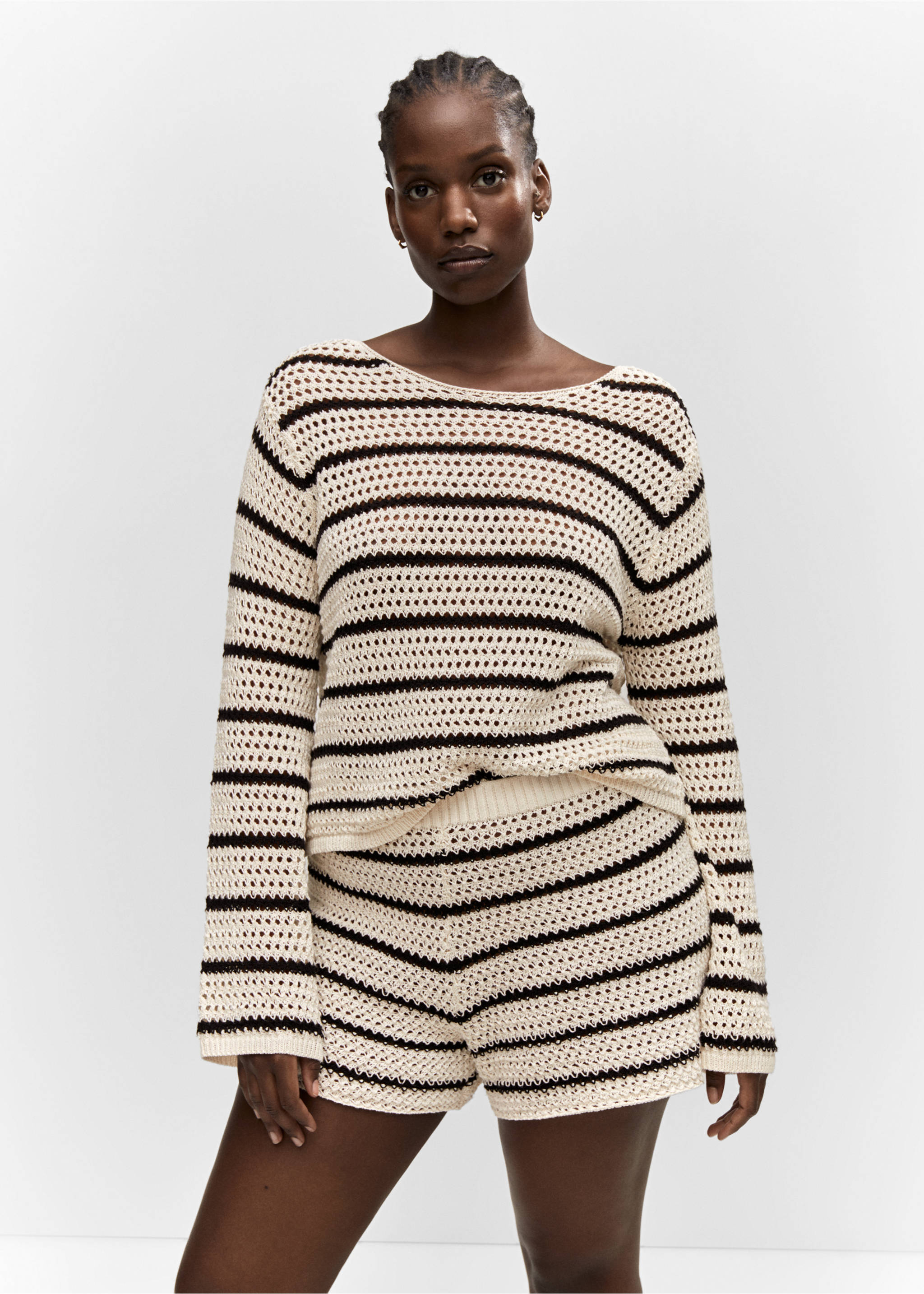 Striped openwork knit sweater - Details of the article 5, Ecru. Ref: 57042881-00.