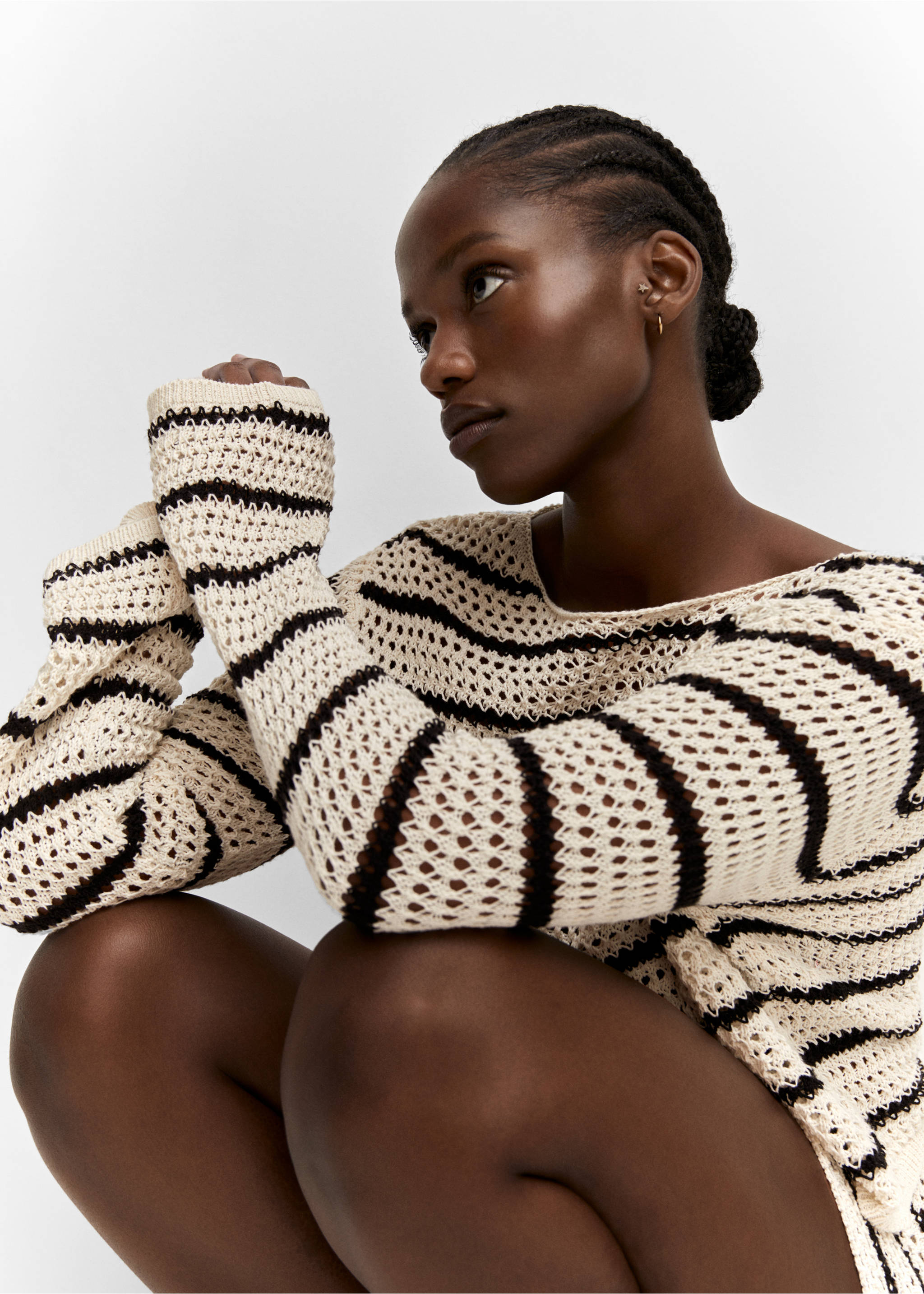 Striped openwork knit sweater - Details of the article 4, Ecru. Ref: 57042881-00.
