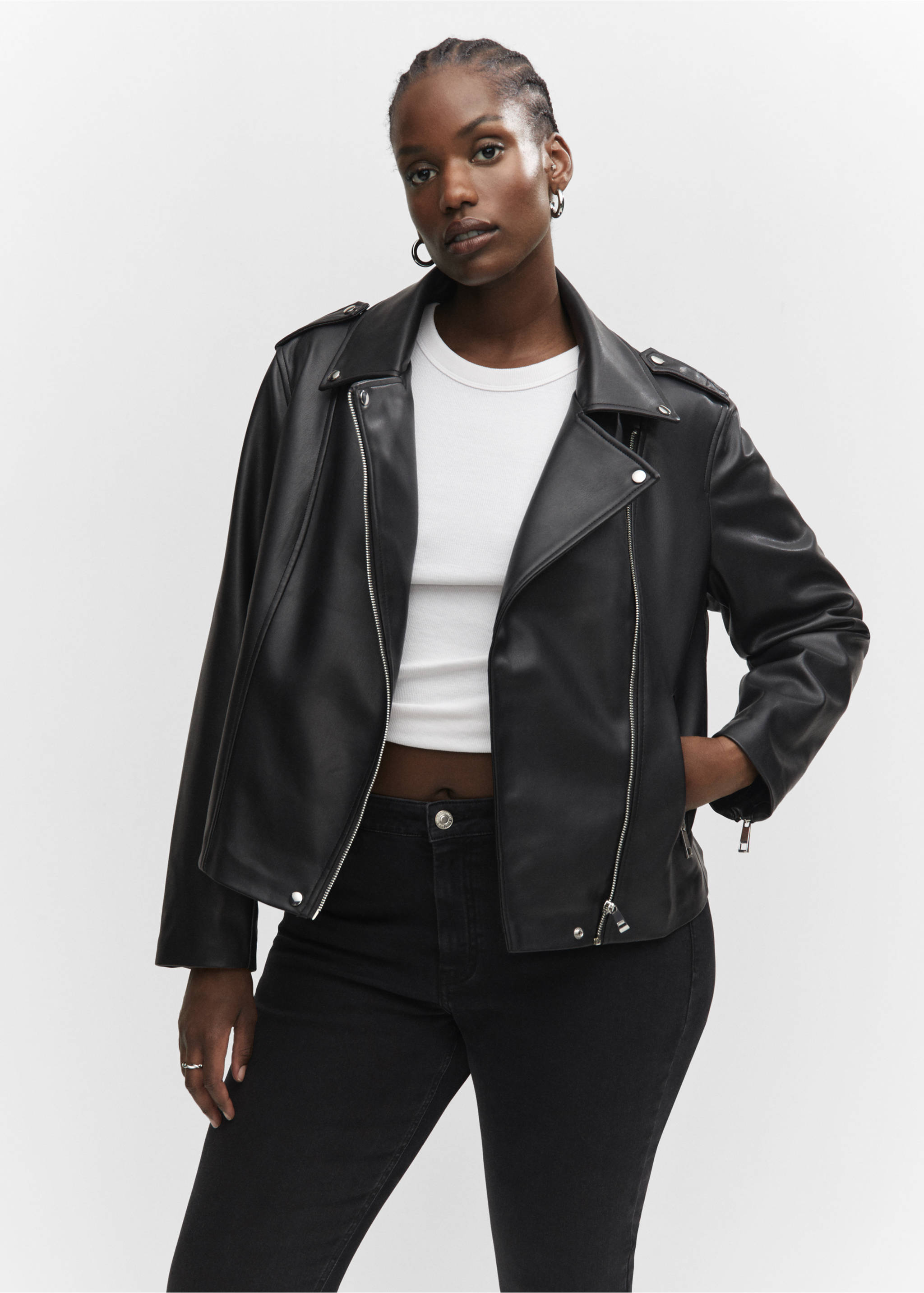 Faux-leather biker jacket - Details of the article 5, Black. Ref: 57043798-00.