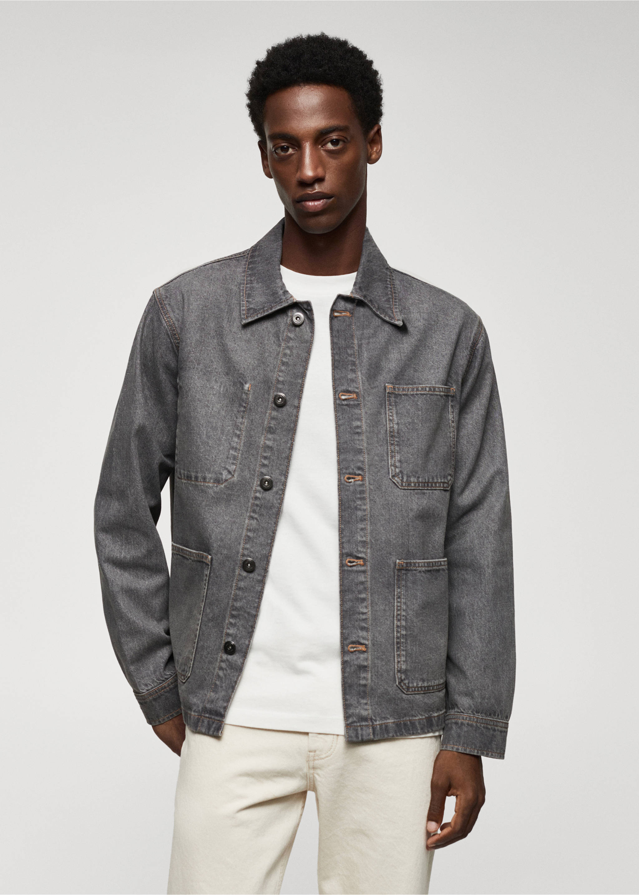 Jeans-Overshirt aus Baumwolle mit Taschen - Mittlere Ansicht, Denim Grau. Ref: 57044416-00.