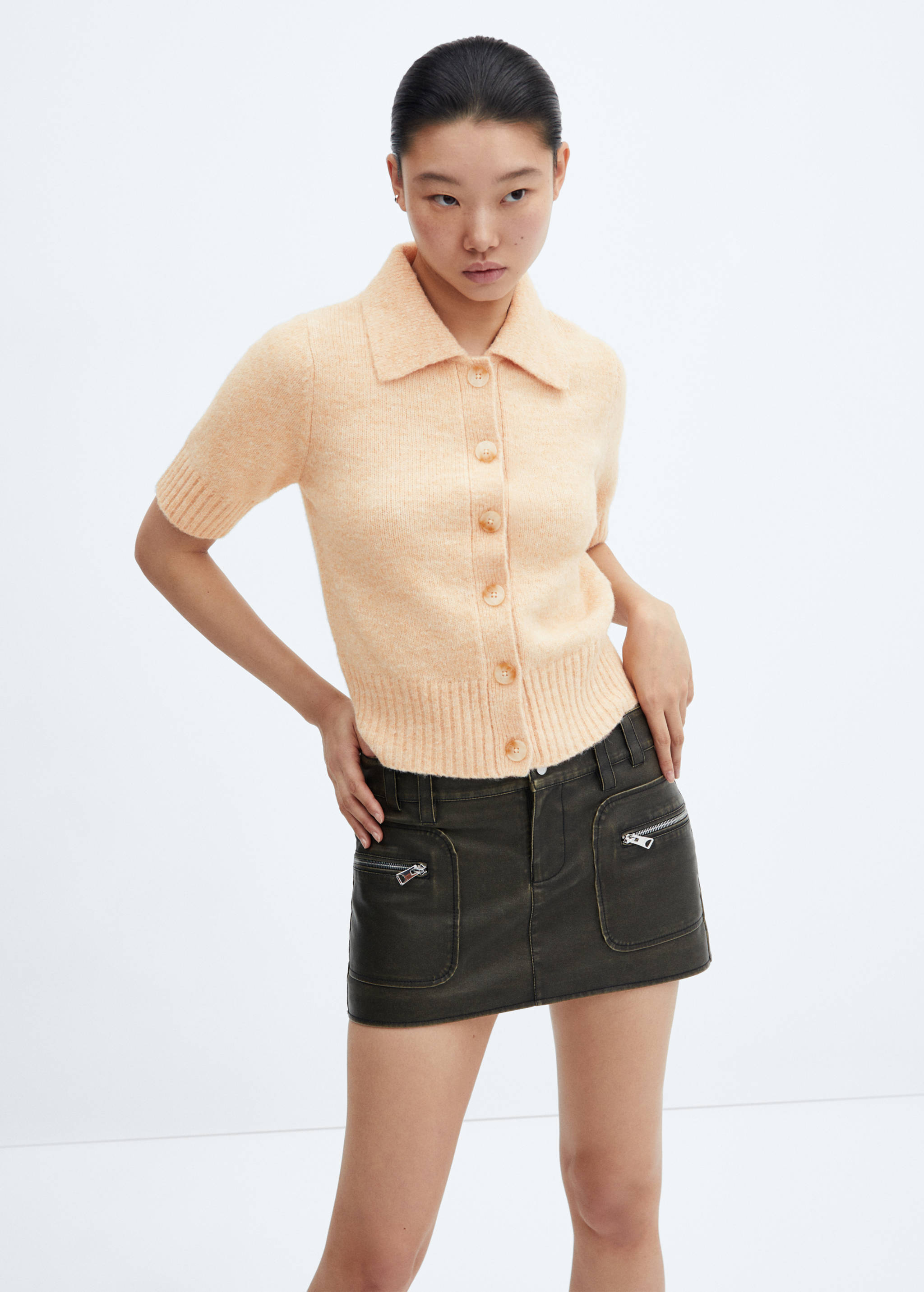 Cardigan manches courtes col chemise - Plan moyen