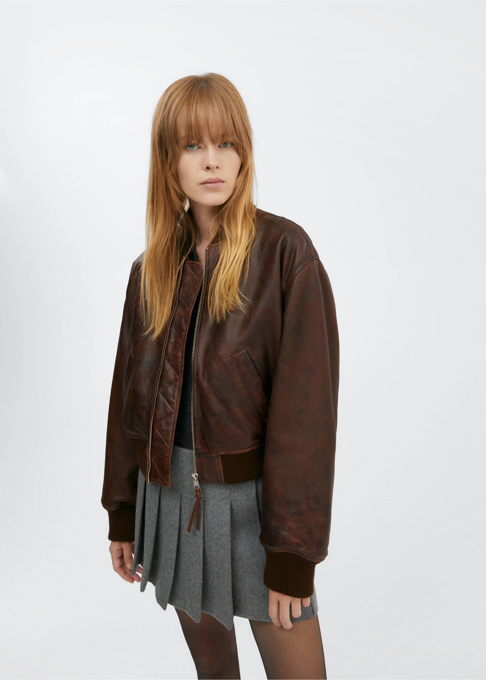 100% leather bomber jacket - Medium plane, Brown. Ref: 57045982-00.