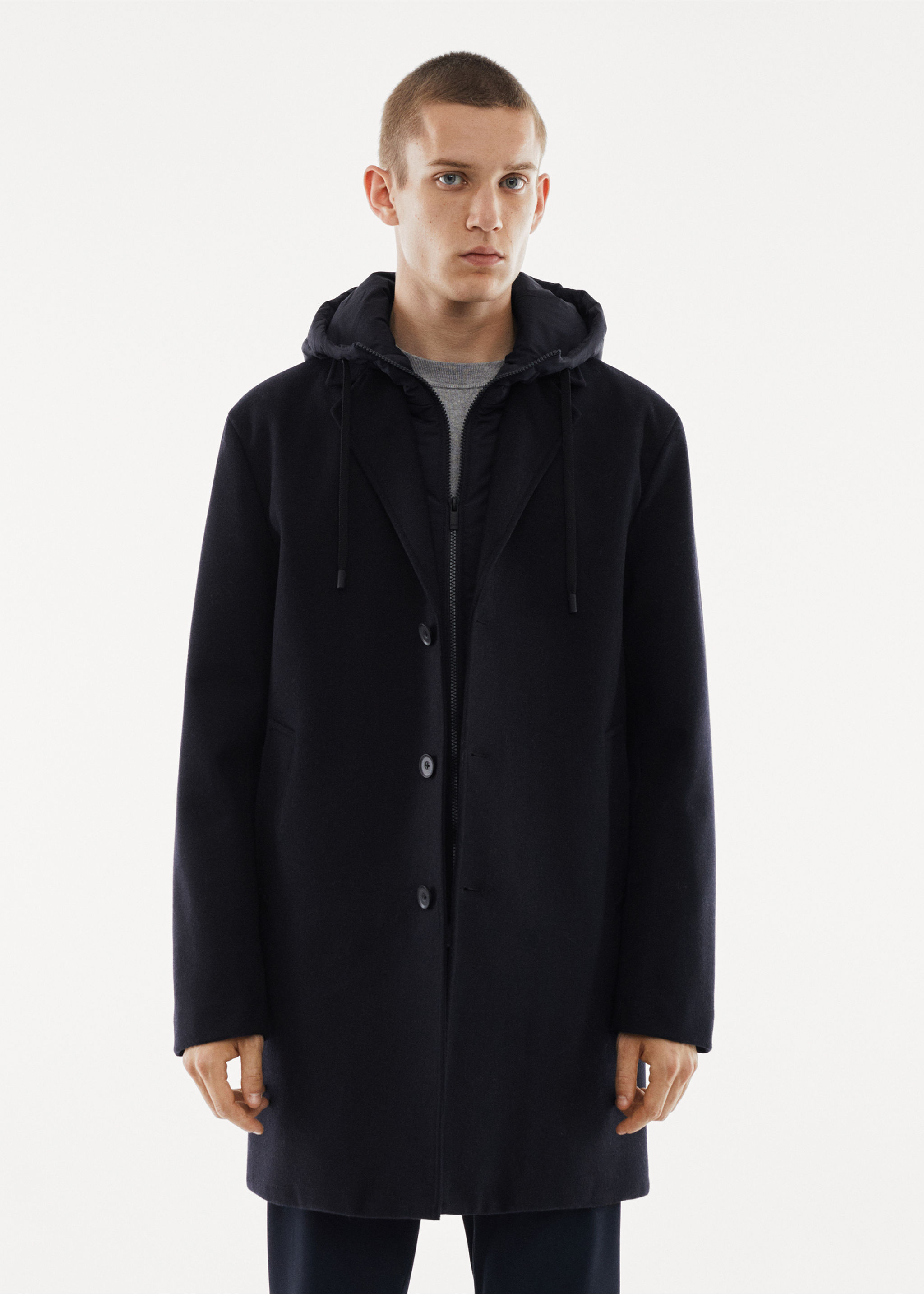 Detachable hood wool coat - Medium plane