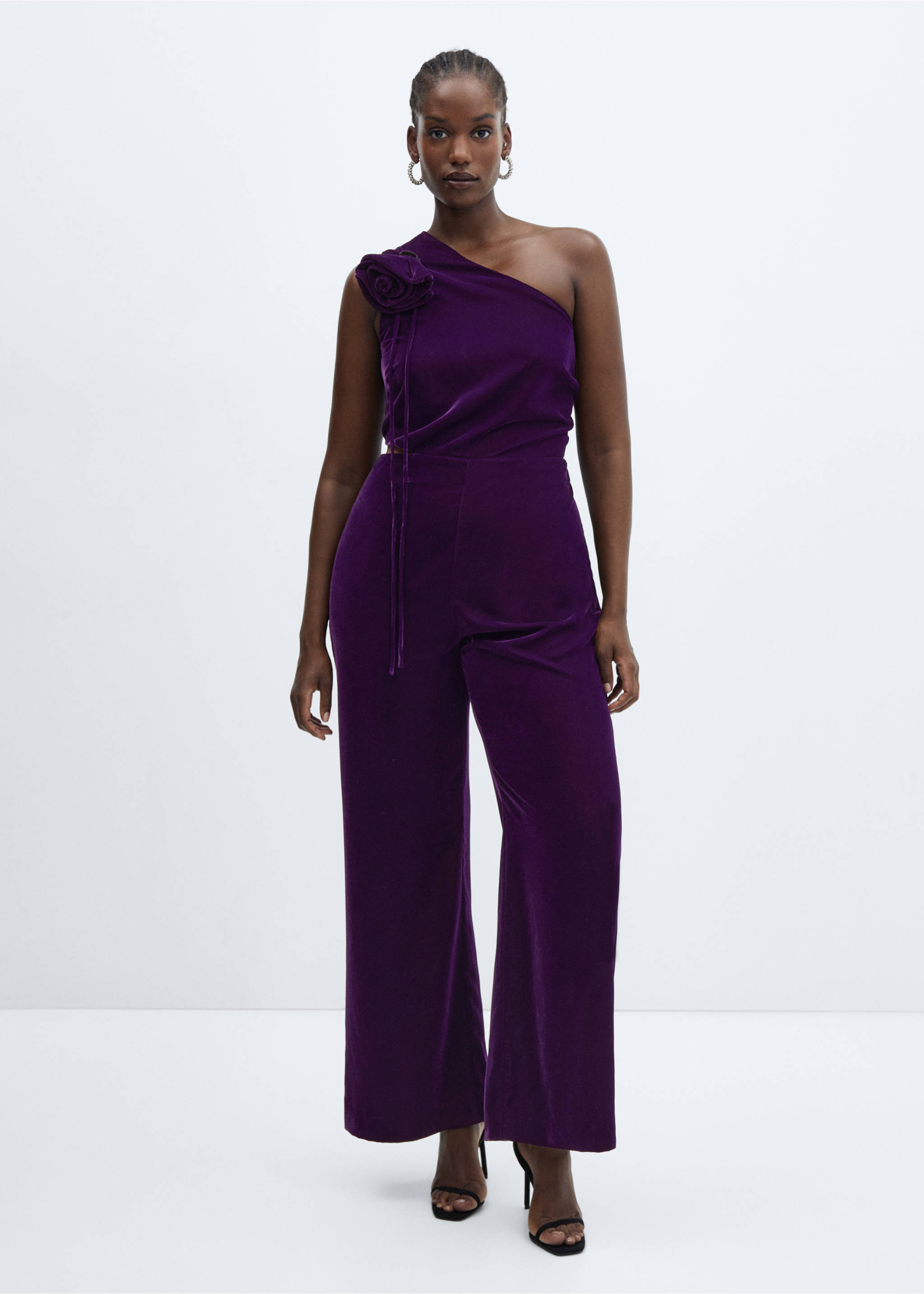 Maxi-flower velvet jumpsuit - Details of the article 3, Purple. Ref: 57049096-00.