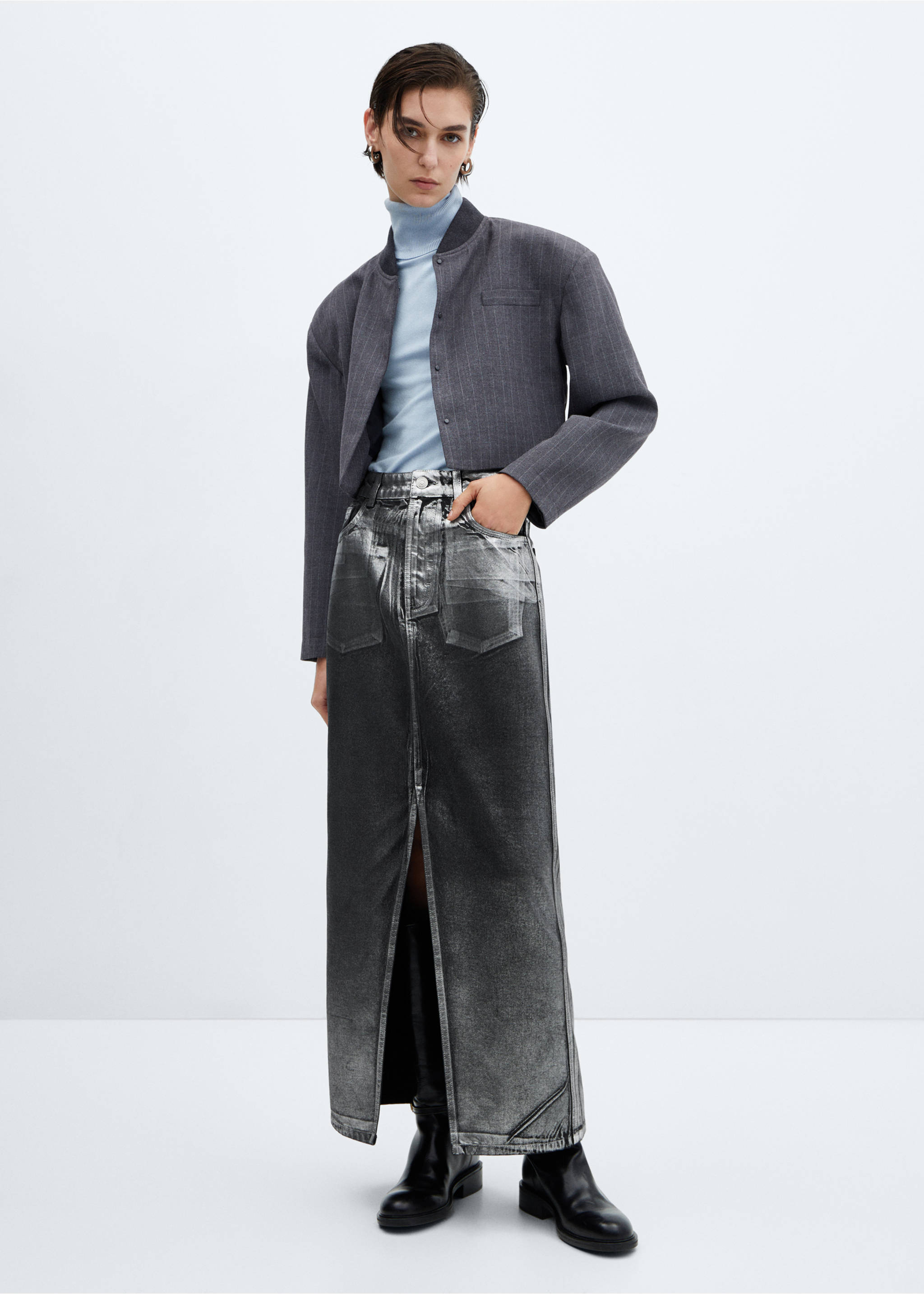 Long foil denim skirt - General plane, Black. Ref: 57049104-00.
