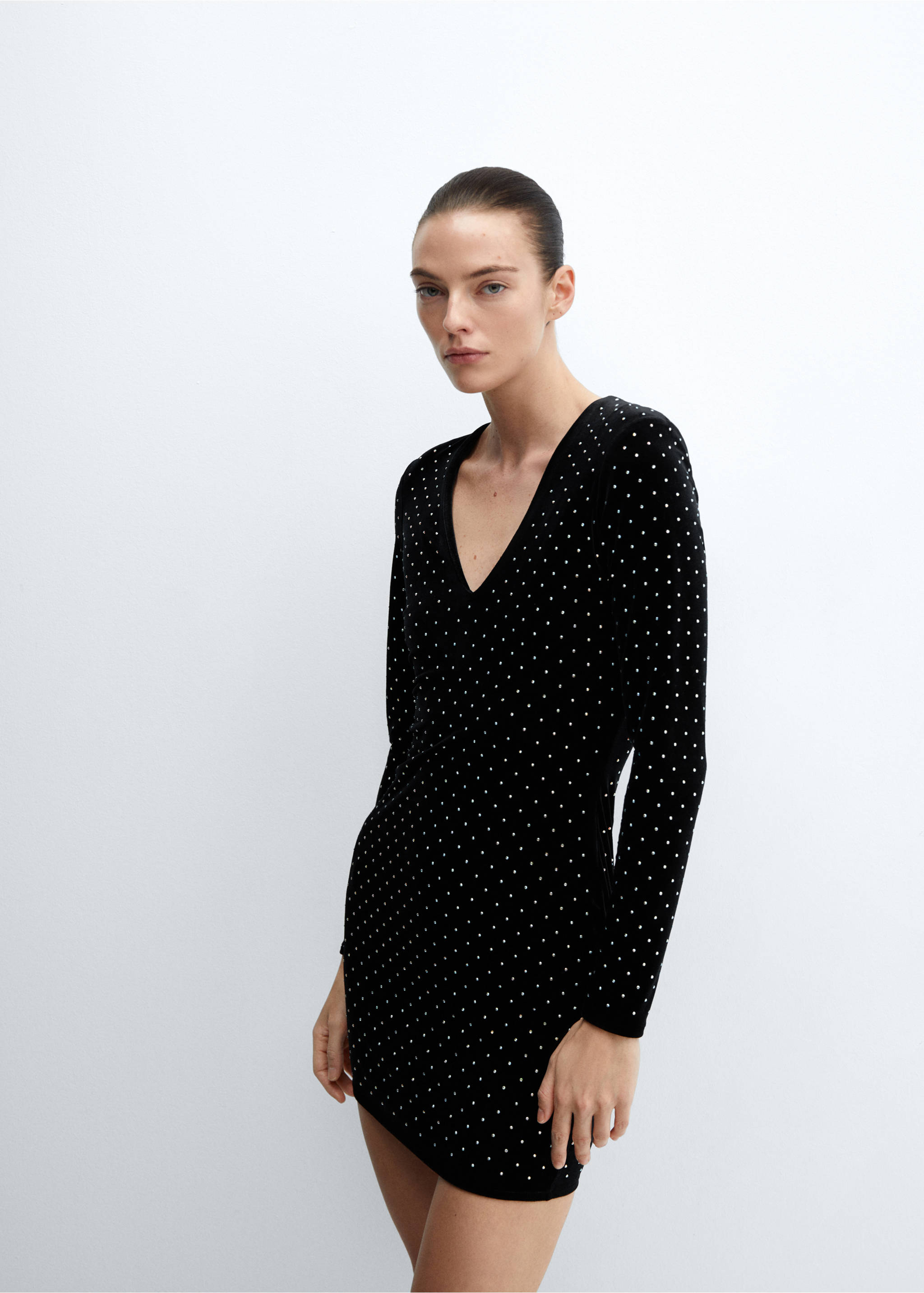 Rhinestones velvet dress - Details of the article 2, Black. Ref: 57049107-00.