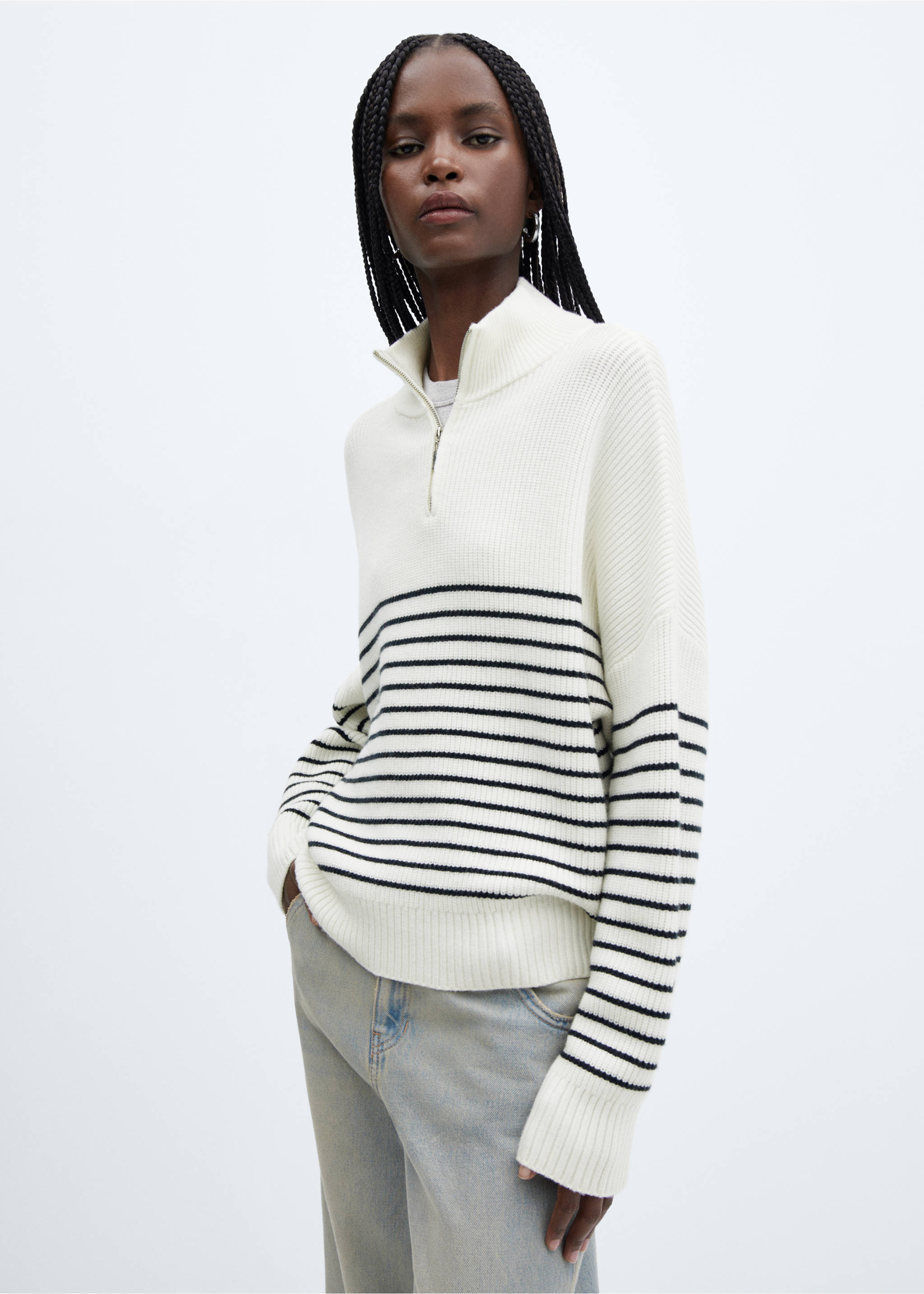 Striped sweater with zip - Medium plane, Navy. Ref: 57050259-00.