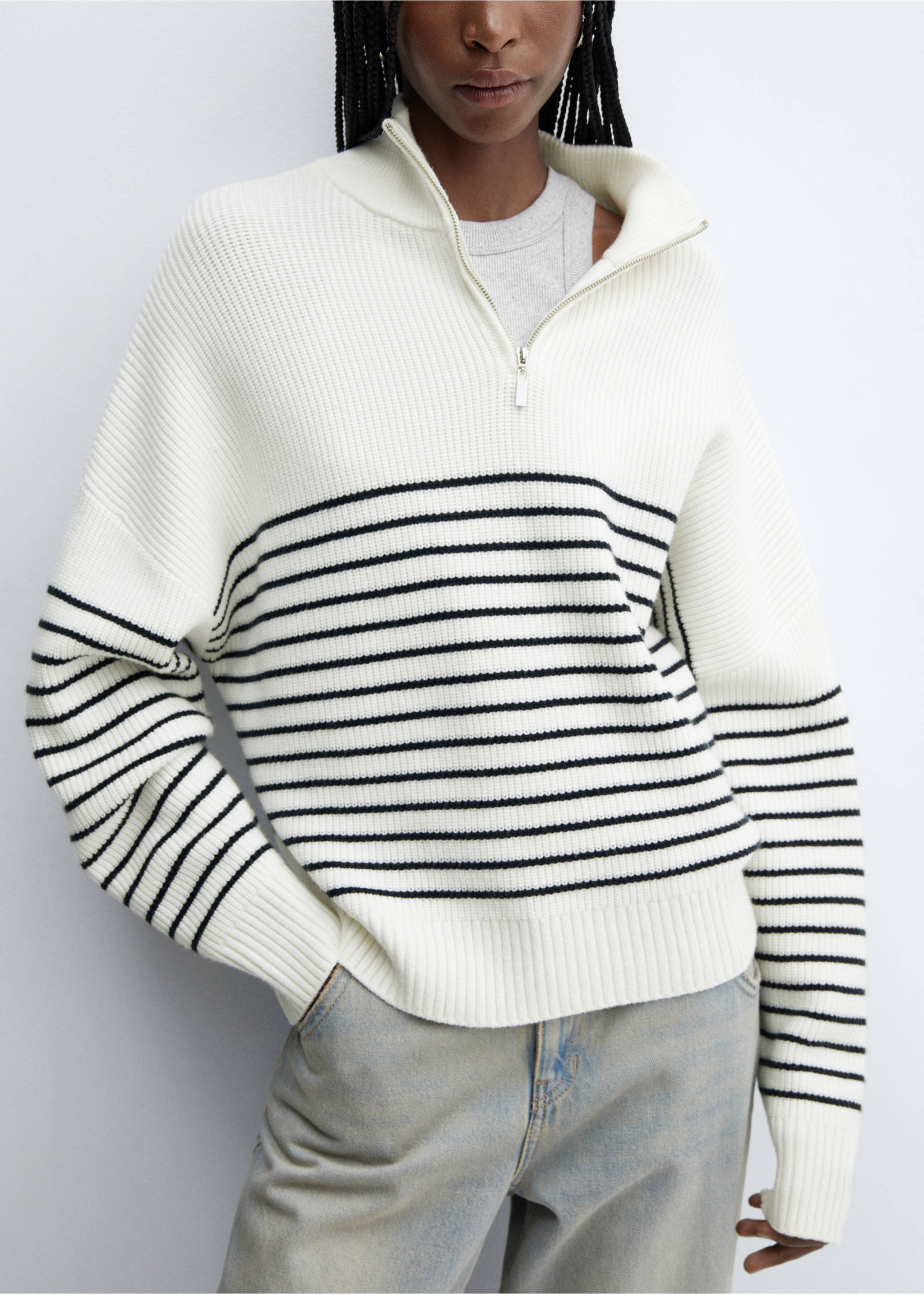 Striped sweater with zip - Details of the article 3, Navy. Ref: 57050259-00.