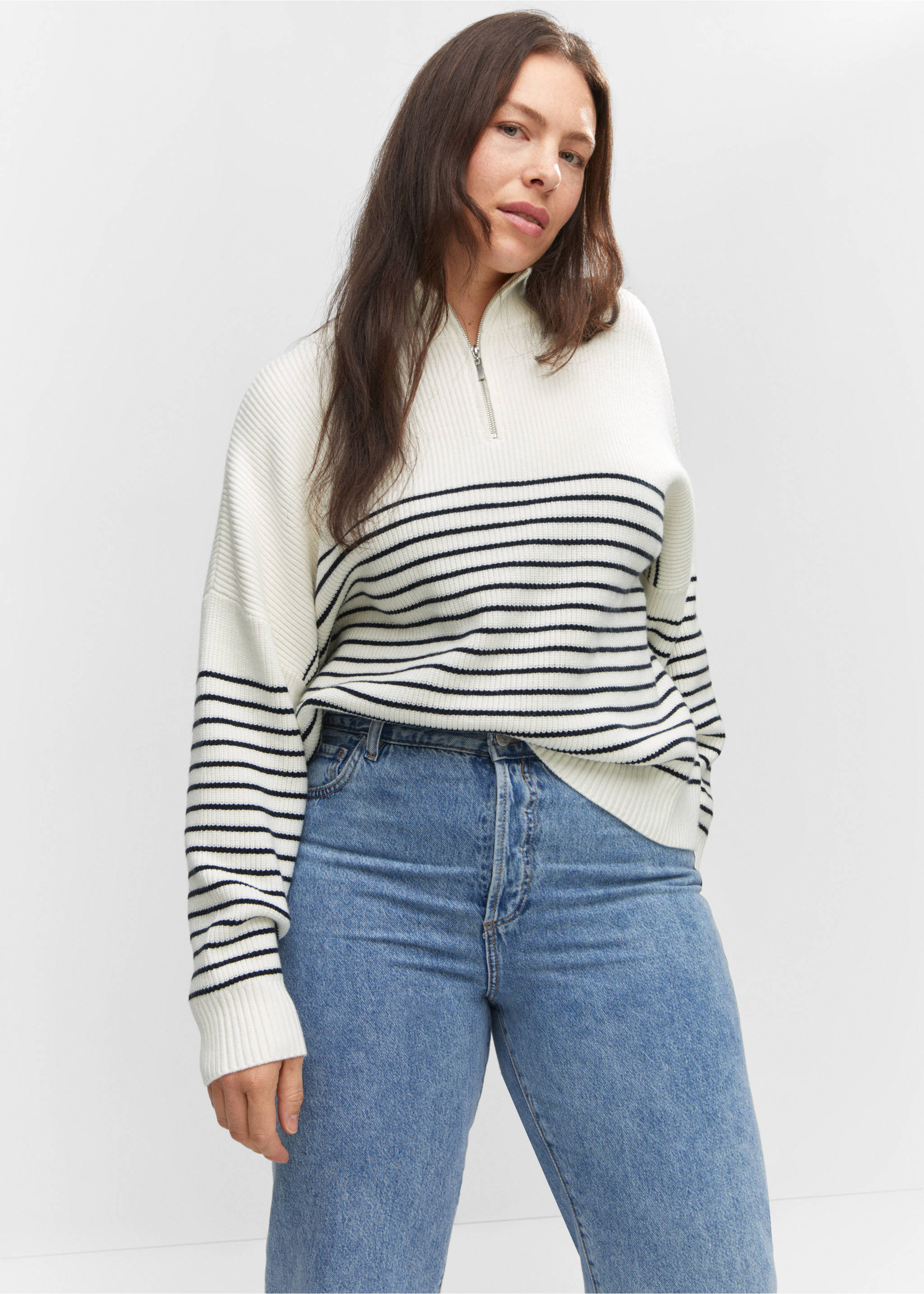 Striped sweater with zip - Details of the article 5, Navy. Ref: 57050259-00.