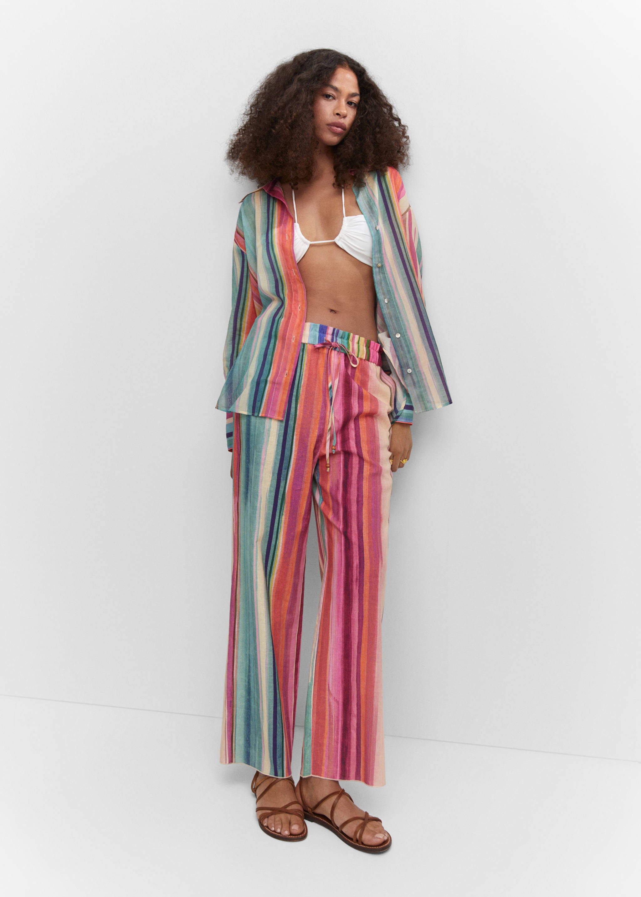 Multi-coloured striped linen trousers - Details of the article 2