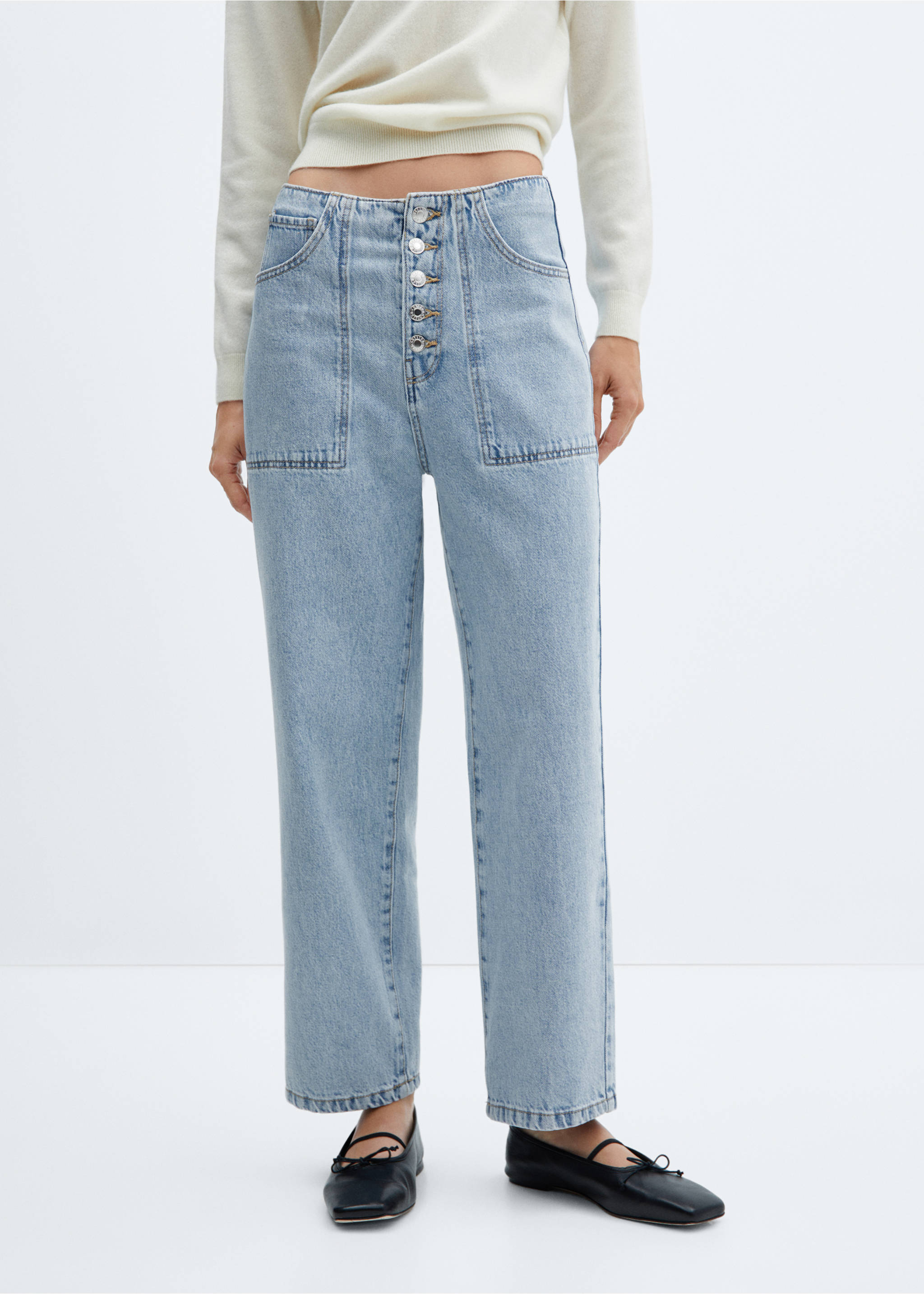 Gerade Crop-Jeans mit Knöpfen - Mittlere Ansicht, Hellblau. Ref: 57052878-00.