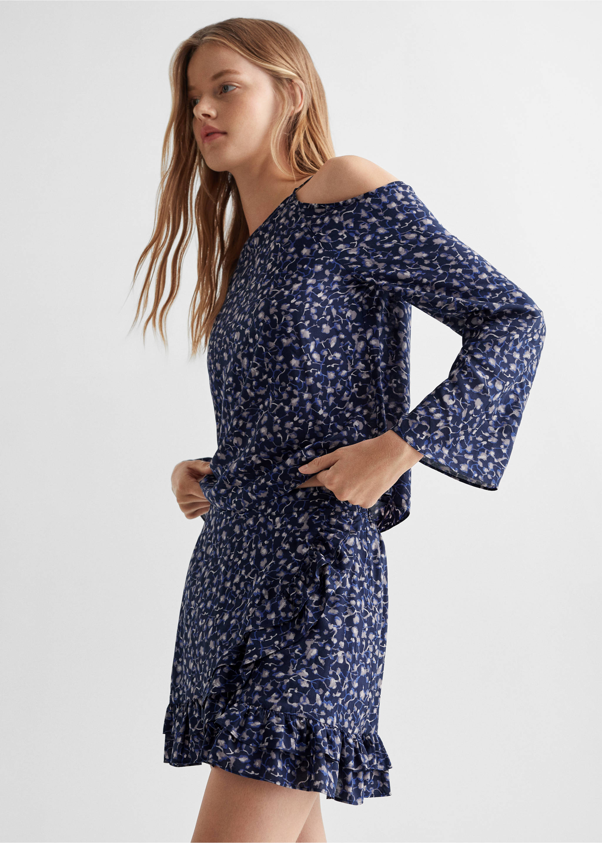 Ruffle flower print skirt - Medium plane, Dark Navy. Ref: 57054023-00.