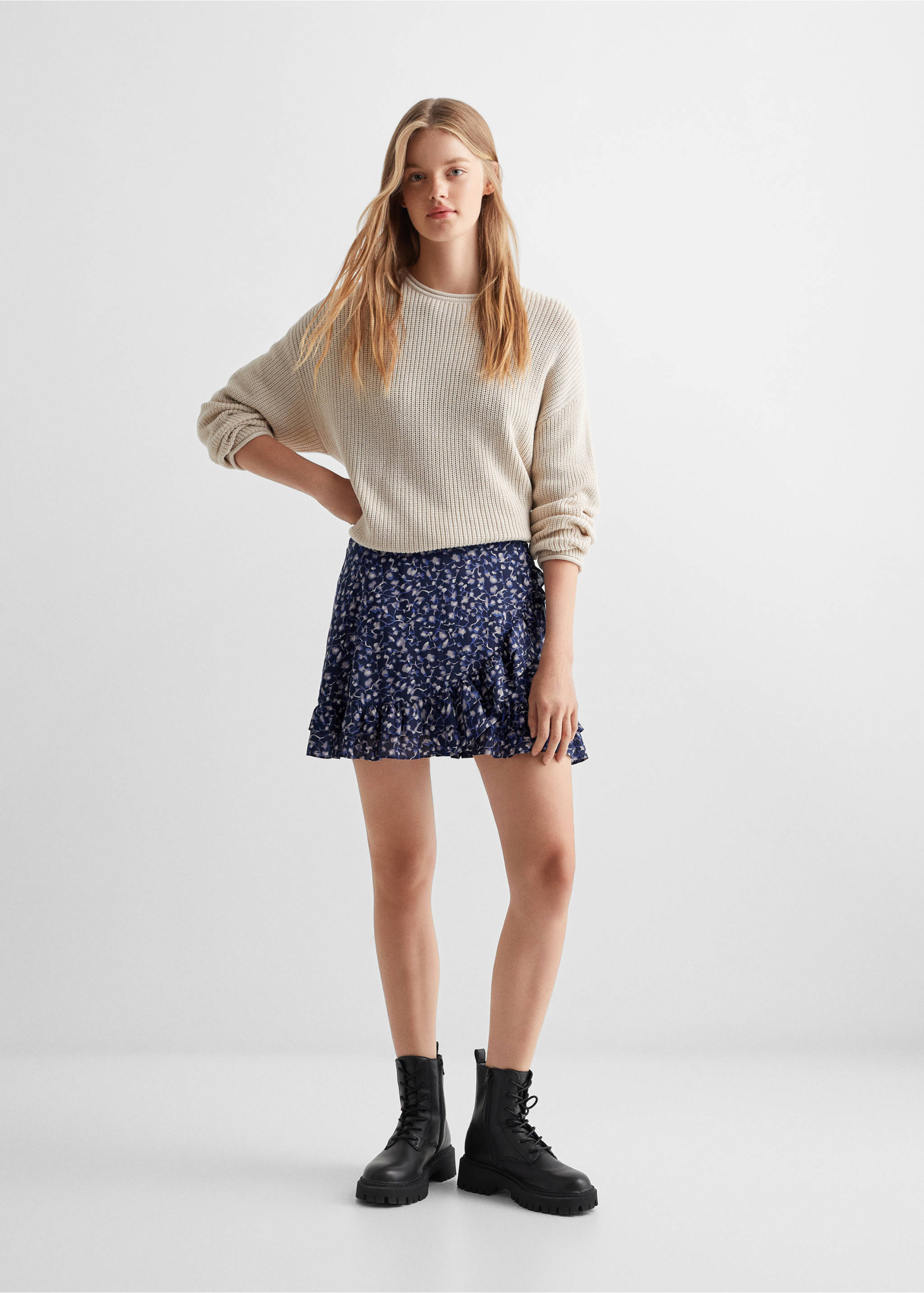 Ruffle flower print skirt - Details of the article 2, Dark Navy. Ref: 57054023-00.