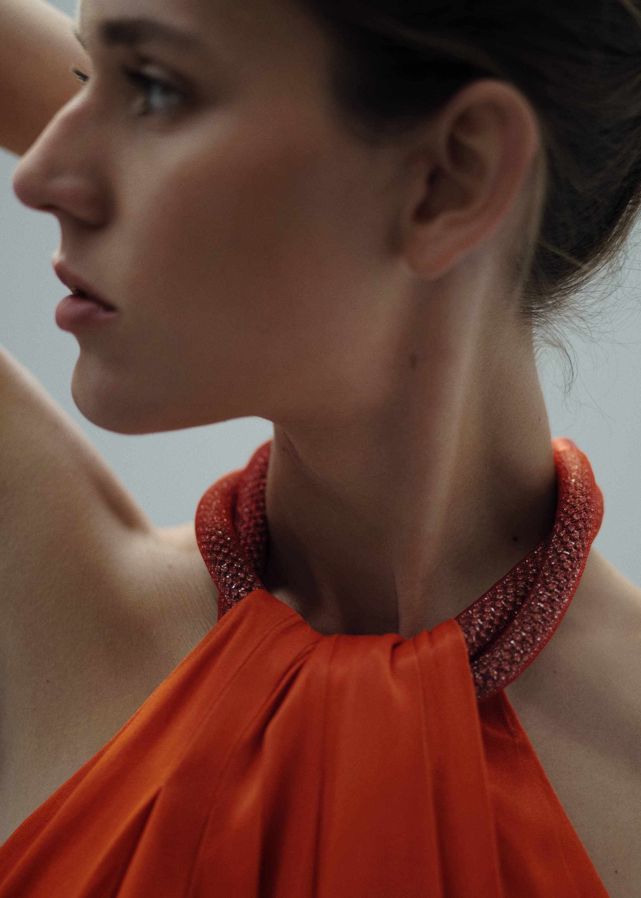 Structured satin dress with rhinestone neckline - Details of the article 1