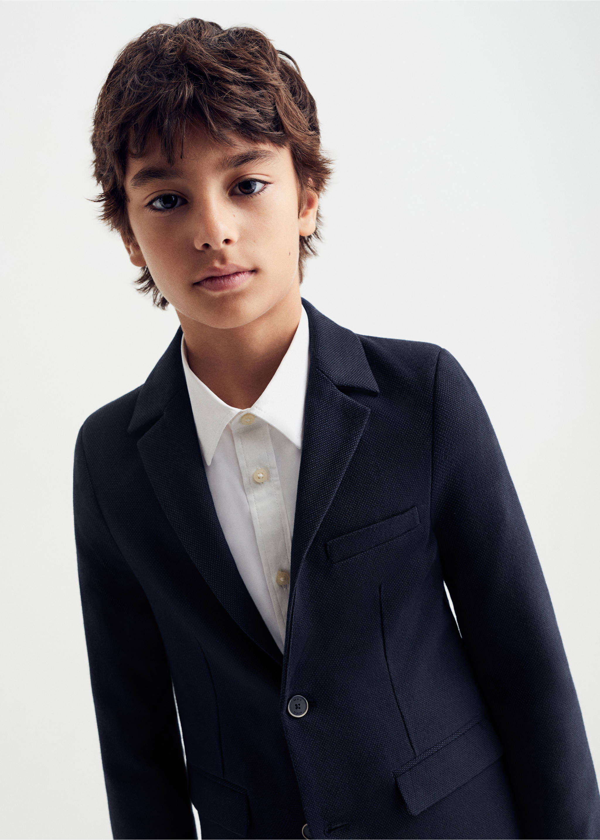 Textured slim-fit suit jacket - Details of the article 1, Navy. Ref: 57055807-00.