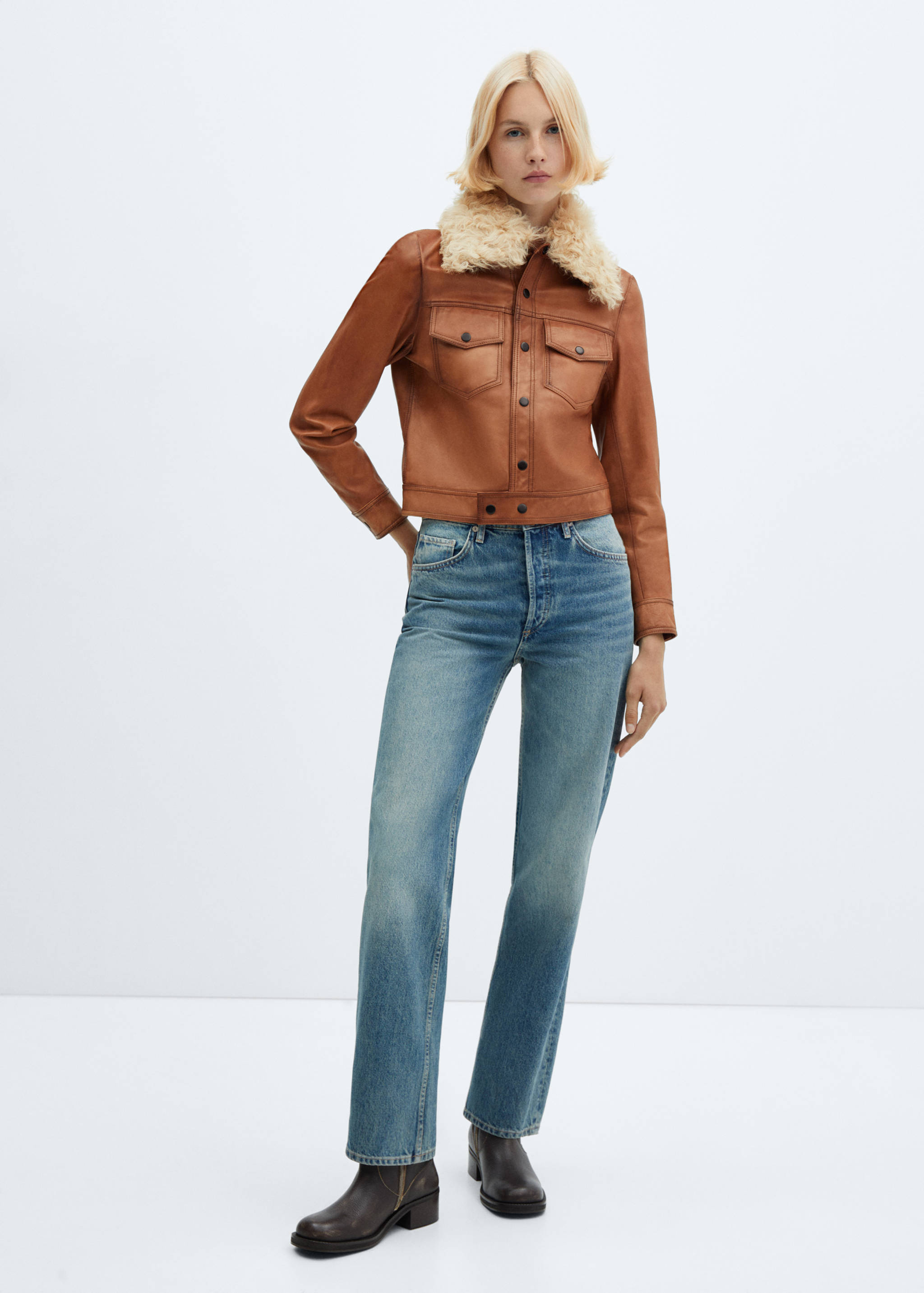 Suede jacket with fur-effect collar - General plane