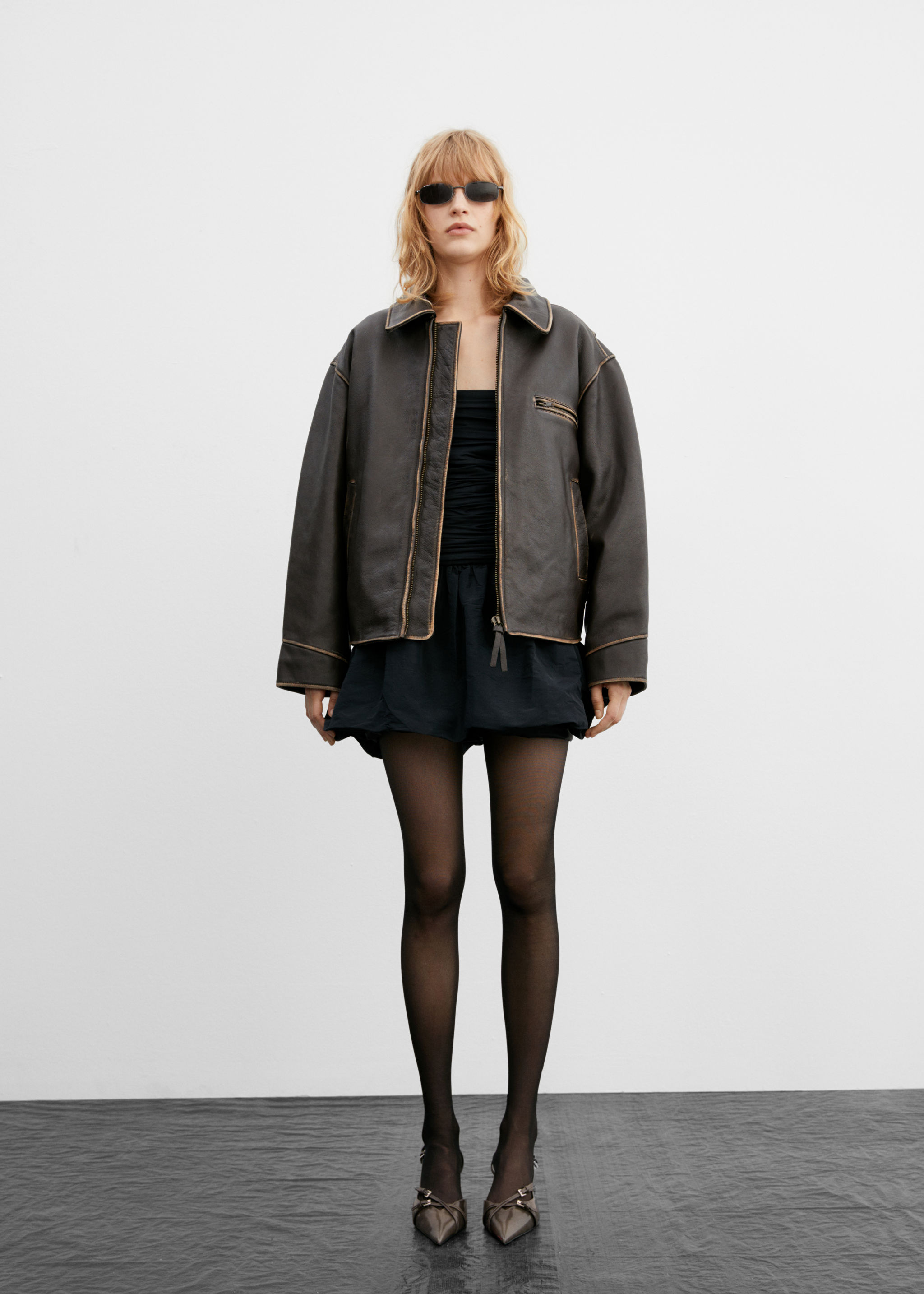 Oversized worn-effect leather jacket - General plane