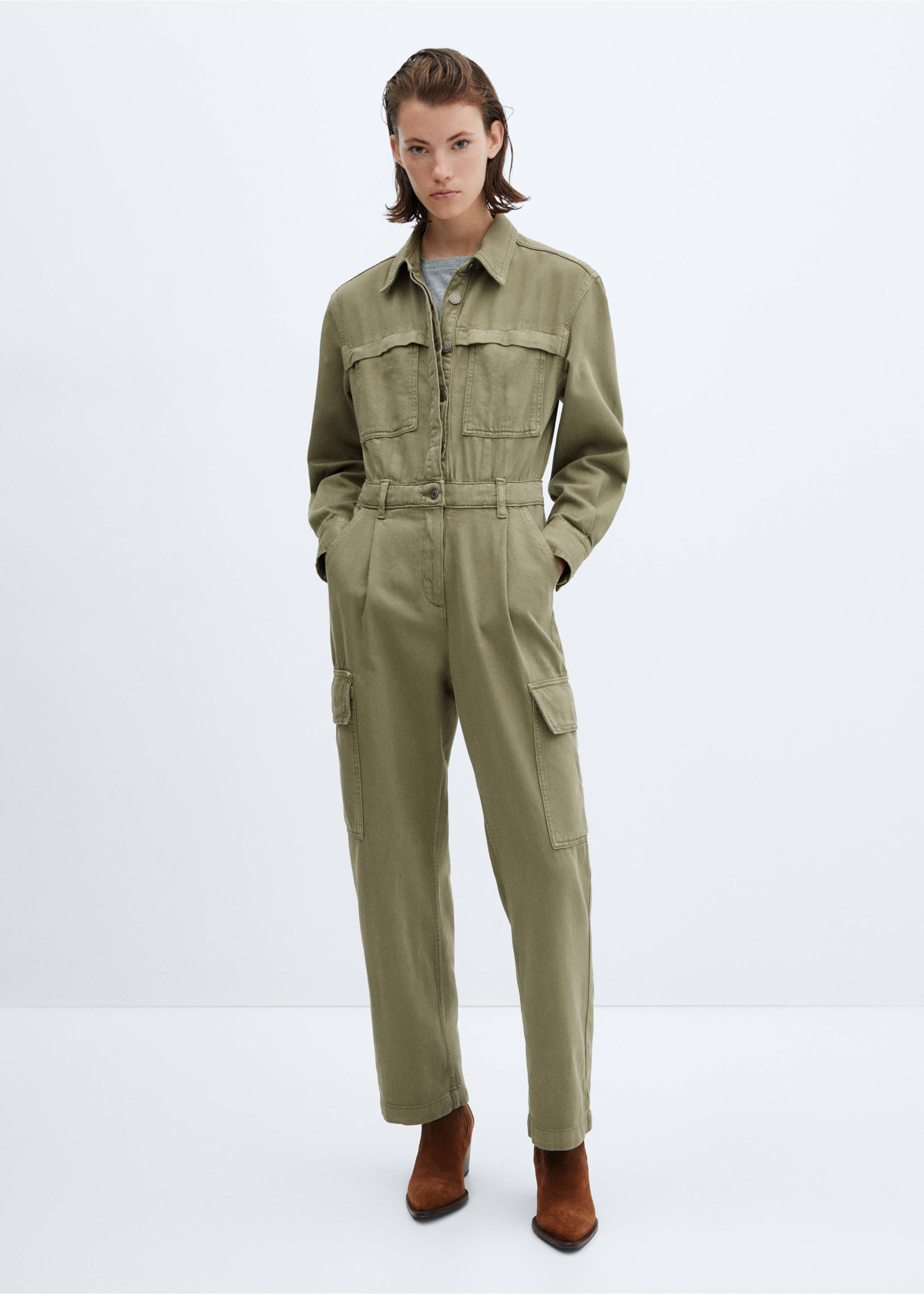 Jeans-Jumpsuit im Cargo-Stil - Allgemeine Ansicht, Khaki. Ref: 57056715-00.