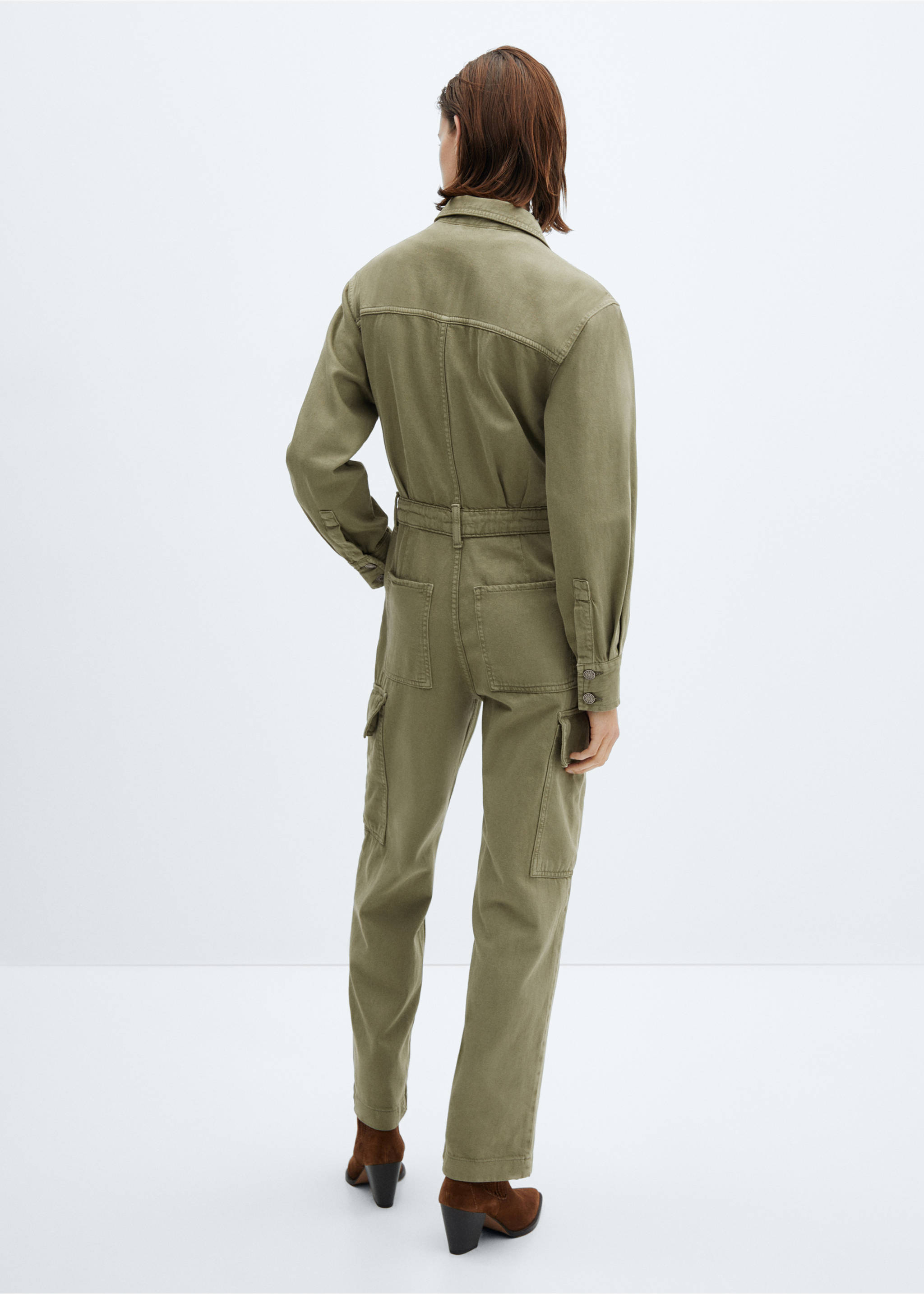 Jeans-Jumpsuit im Cargo-Stil - Rückseite des Artikels, Khaki. Ref: 57056715-00.