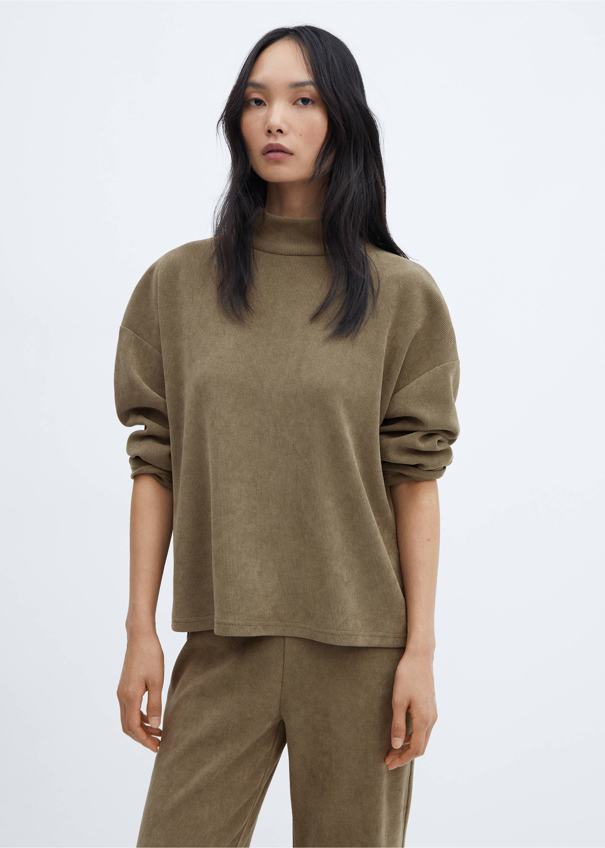 Sweat-shirt velours côtelé col montant - Plan moyen, Gris anthracite. Ref: 57057742-00.