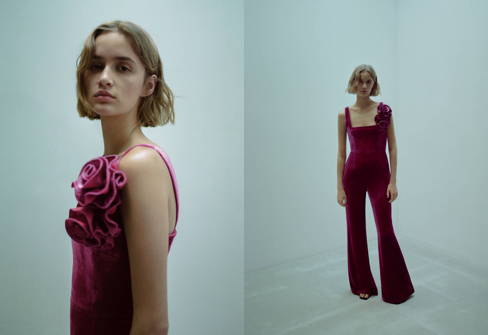 Flared velour jumpsuit with wide straps - Panoramic plane