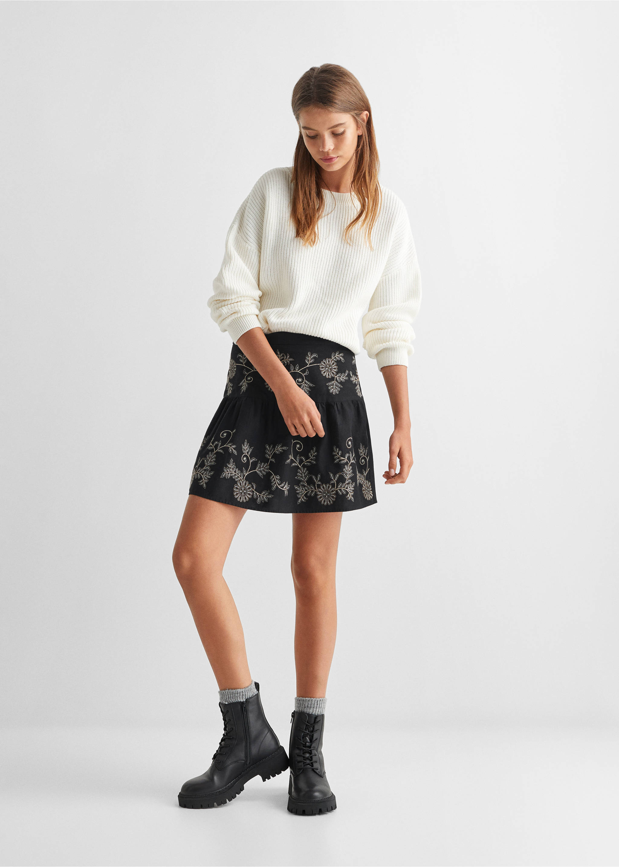 Embroidered cotton skirt - General plane, Black. Ref: 57062890-00.