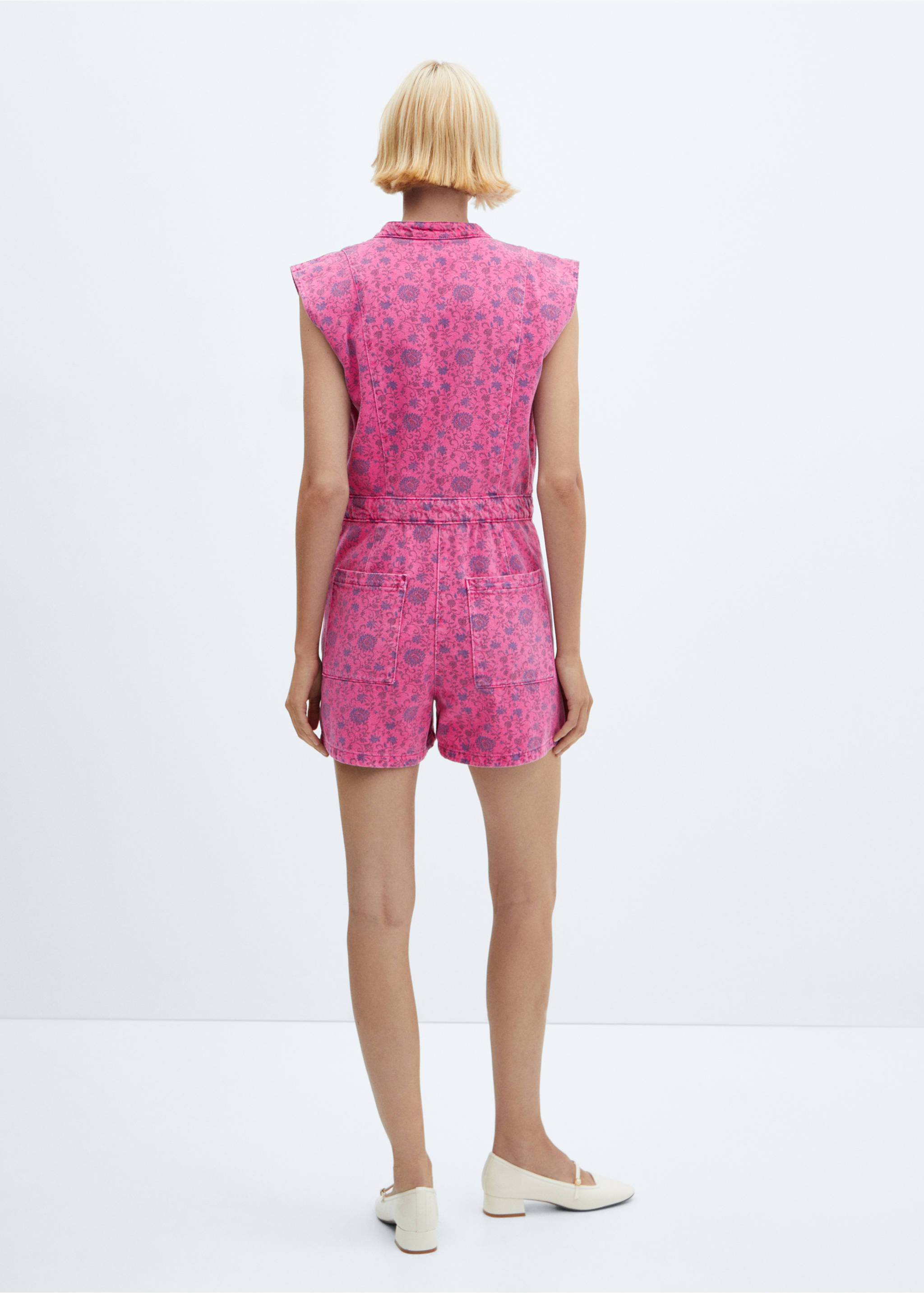 Printed denim jumpsuit - Reverse of the article, Fuchsia. Ref: 57062891-00.